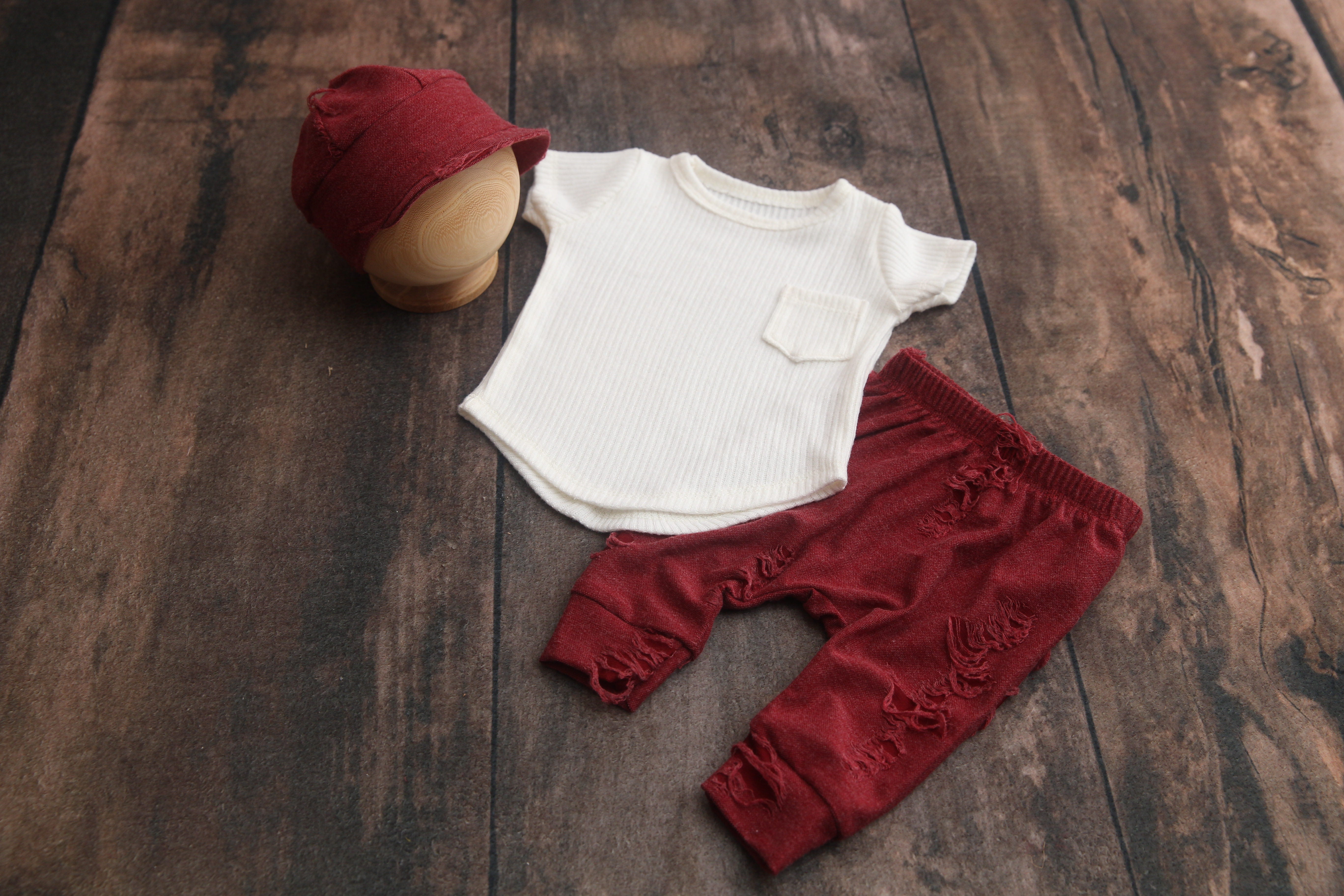 READY TO SHIP- Newborn Boy Cap, T-Shirt, Pants Set- Distressed Valentine