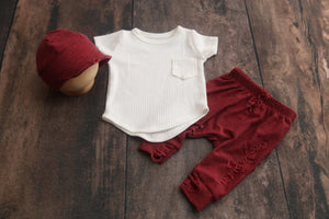 READY TO SHIP- Newborn Boy Cap, T-Shirt, Pants Set- Distressed Valentine