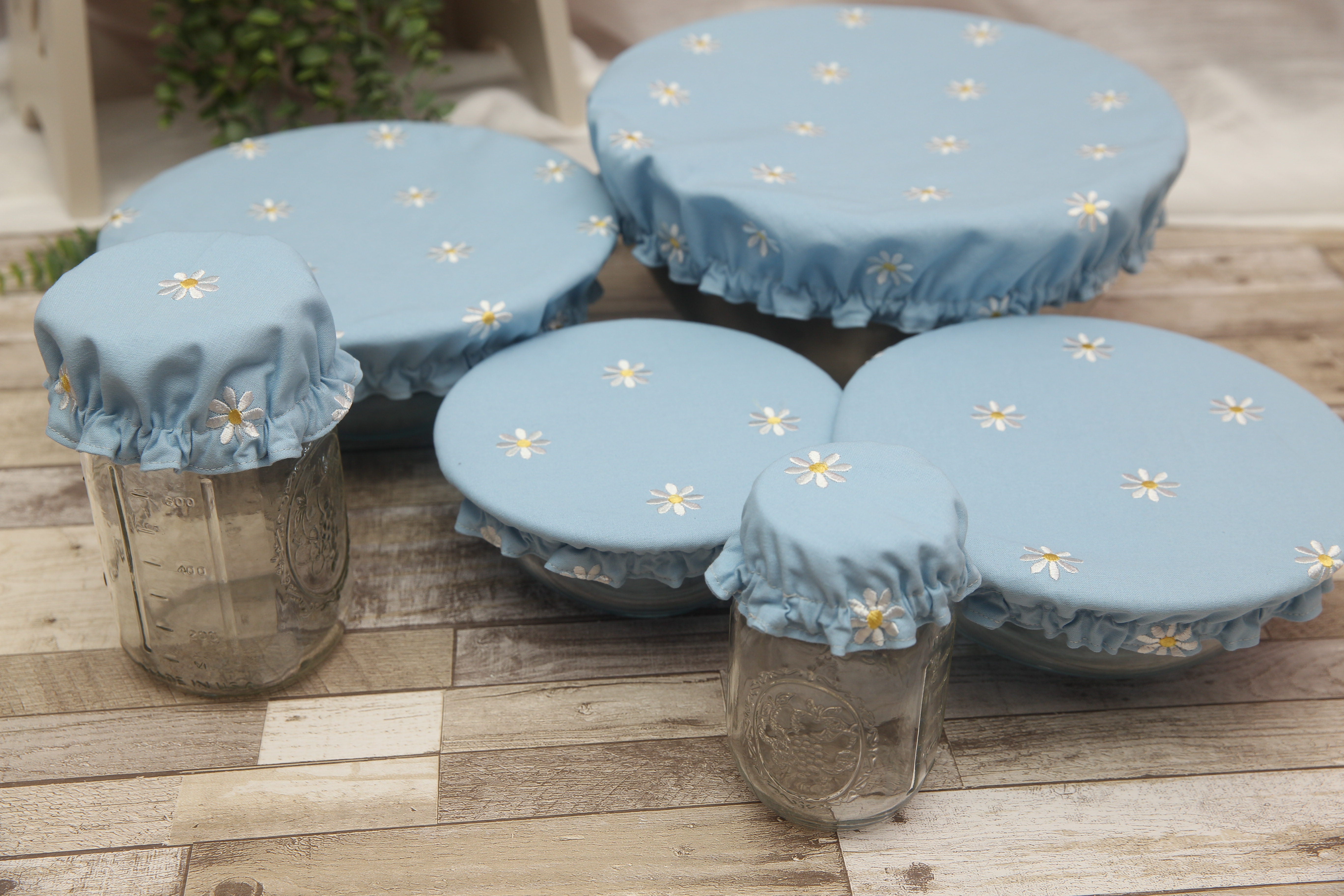 NON-PROP (Blue Daisies) Bowl, Jar, Cup, Plate COVERS; Hot Pad; Jar Opener; Blue Daisies; MADE TO ORDER