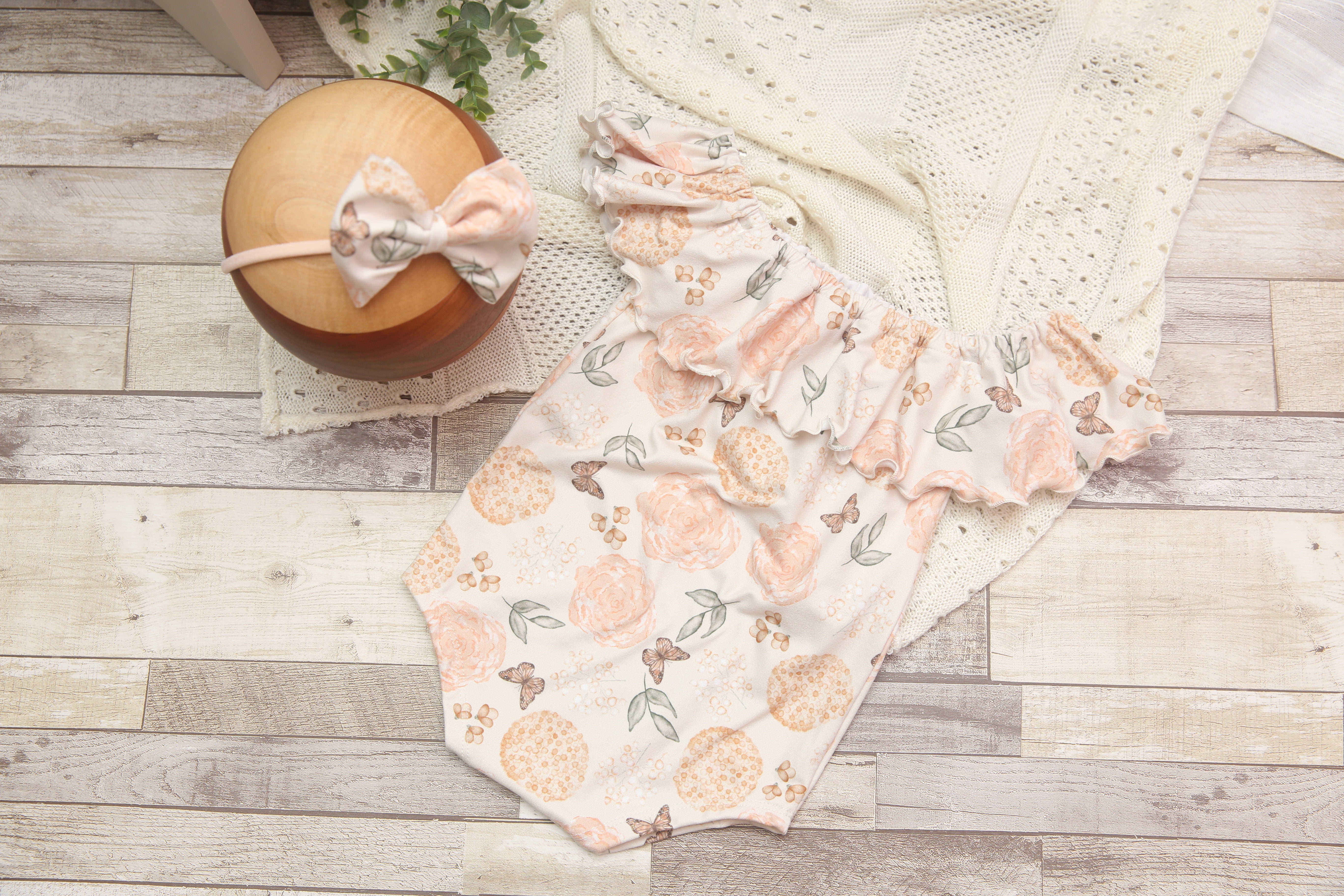Anisa-Sitter Flutter Romper; Sitter Romper; Peachy Butterfly Floral; READY TO SHIP