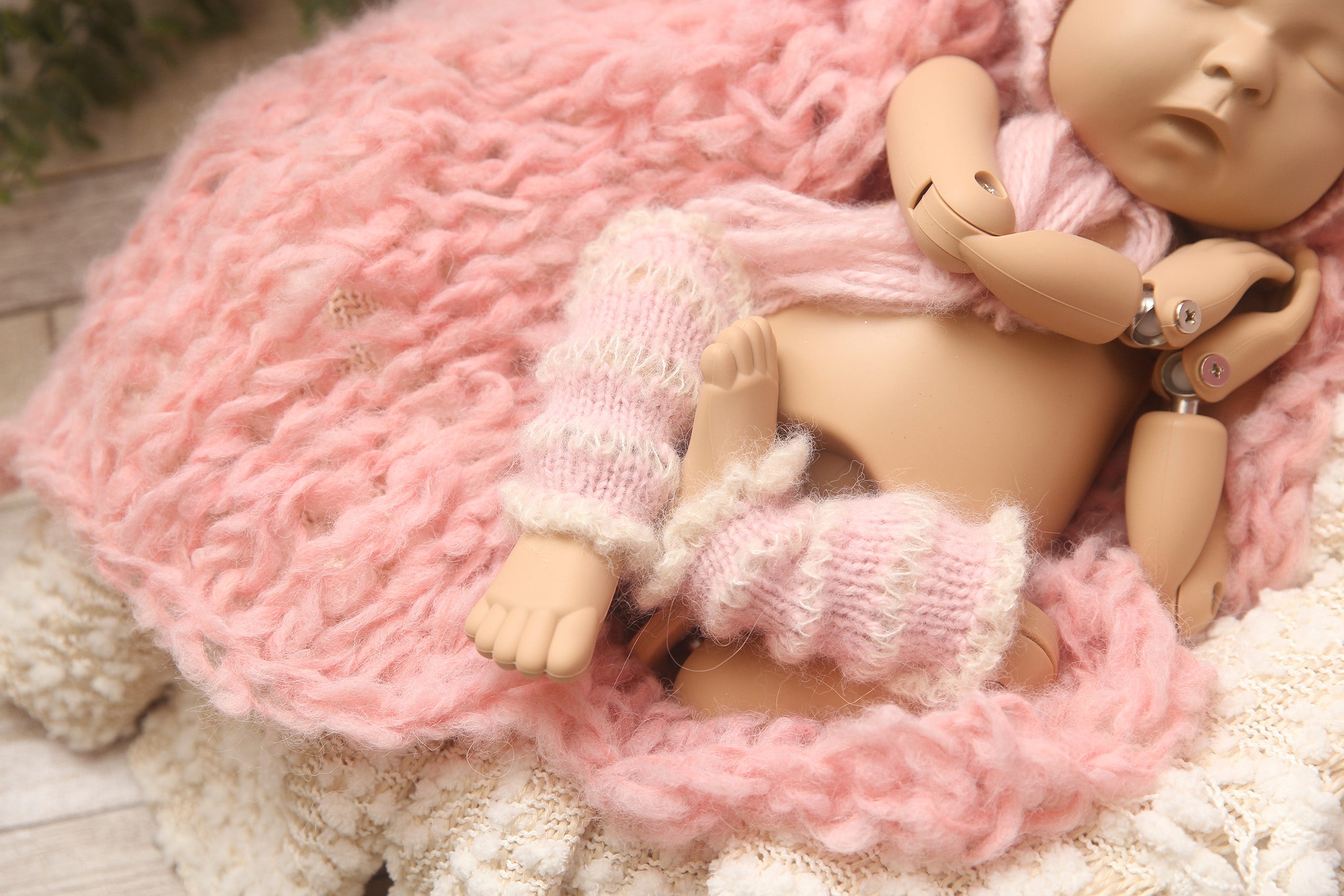 Knit Newborn Bear Bonnet and Leg Warmers Set- Soft Pink Ruth- Made To Order