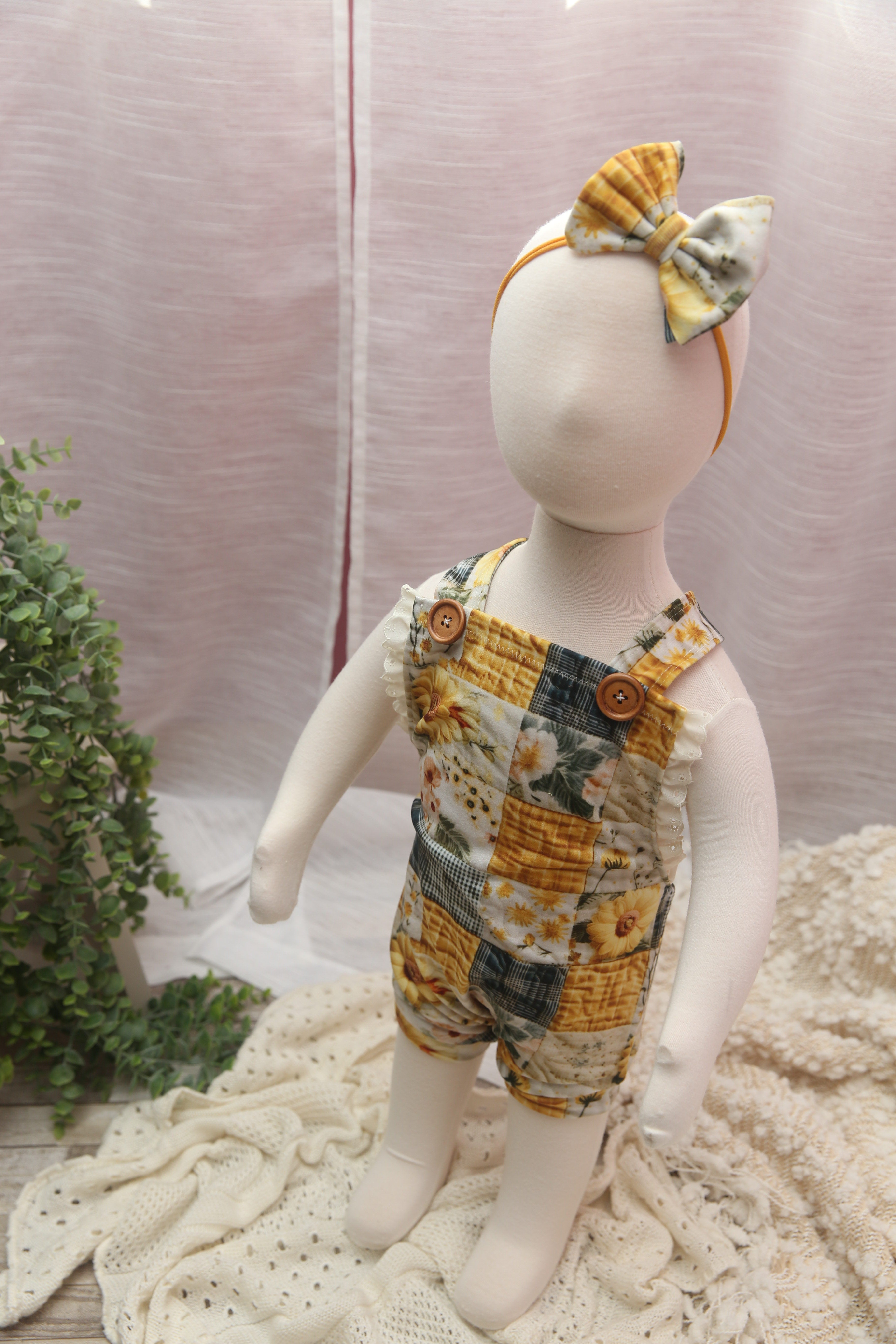 "Quilted" Graham Suspenders-Sitter Size- Sunflowers- MADE TO ORDER