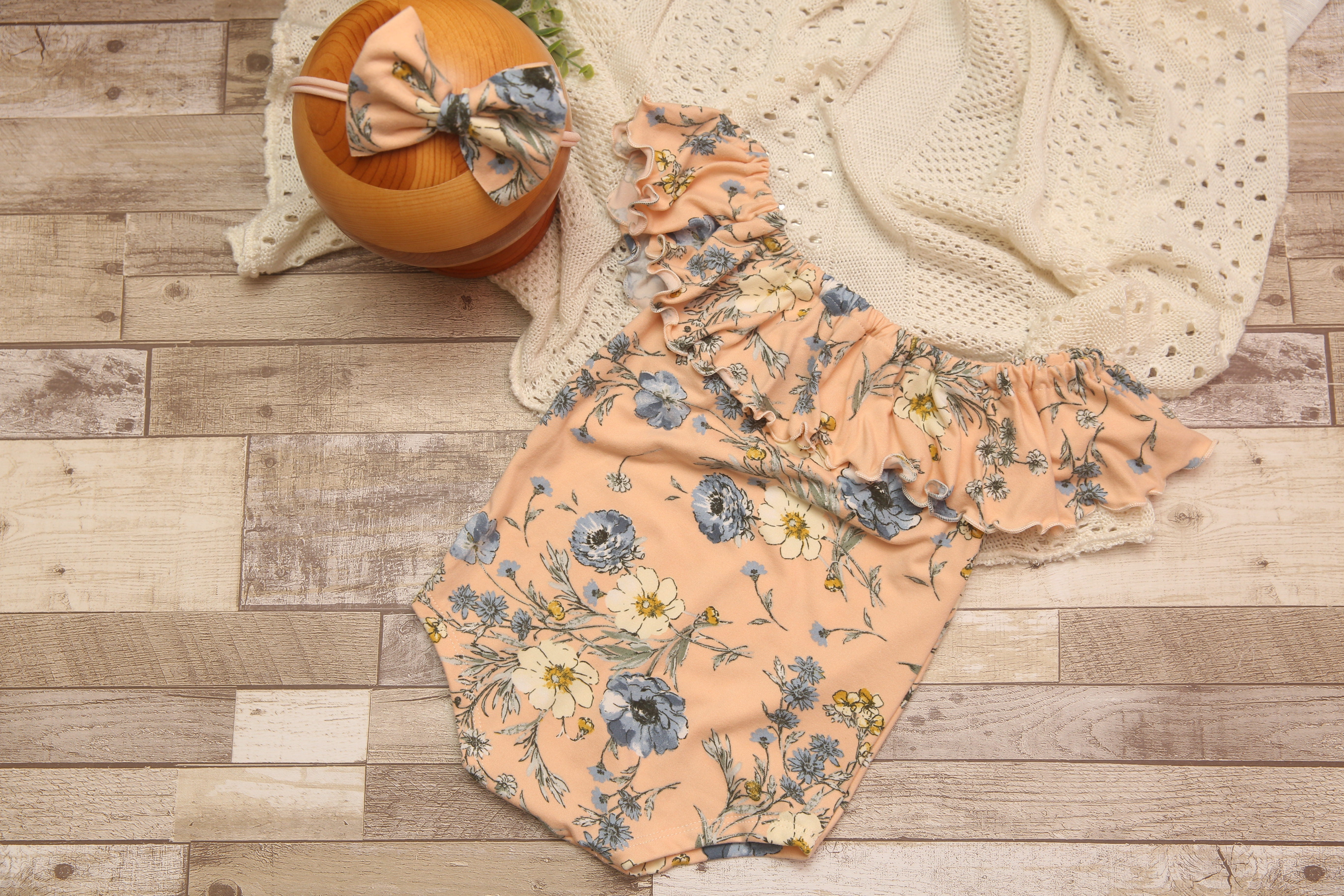 Anisa- Sitter Flutter Romper; Sitter Romper; Peach & Blue Floral; READY TO SHIP