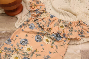 Anisa- Sitter Flutter Romper; Sitter Romper; Peach & Blue Floral; READY TO SHIP