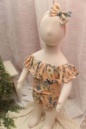 Anisa- Sitter Flutter Romper; Sitter Romper; Peach & Blue Floral; READY TO SHIP