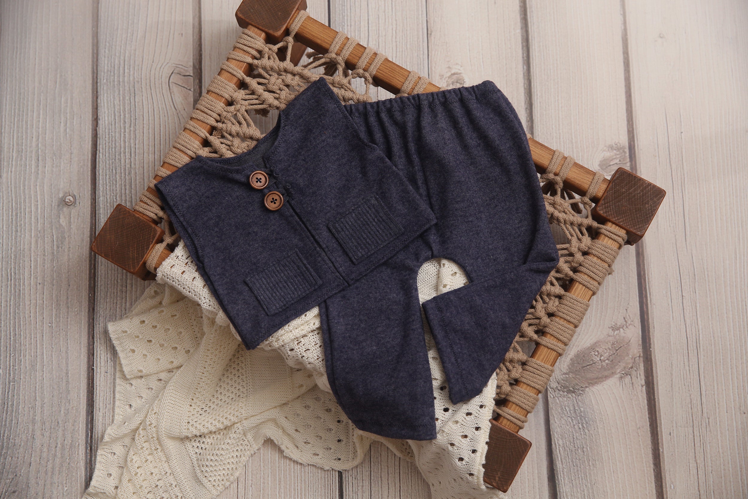 Sitter  (6-9 month) Vest & Pants Set- Blue on Blue Sweater- READY TO SHIP
