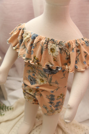 Anisa- Sitter Flutter Romper; Sitter Romper; Peach & Blue Floral; READY TO SHIP