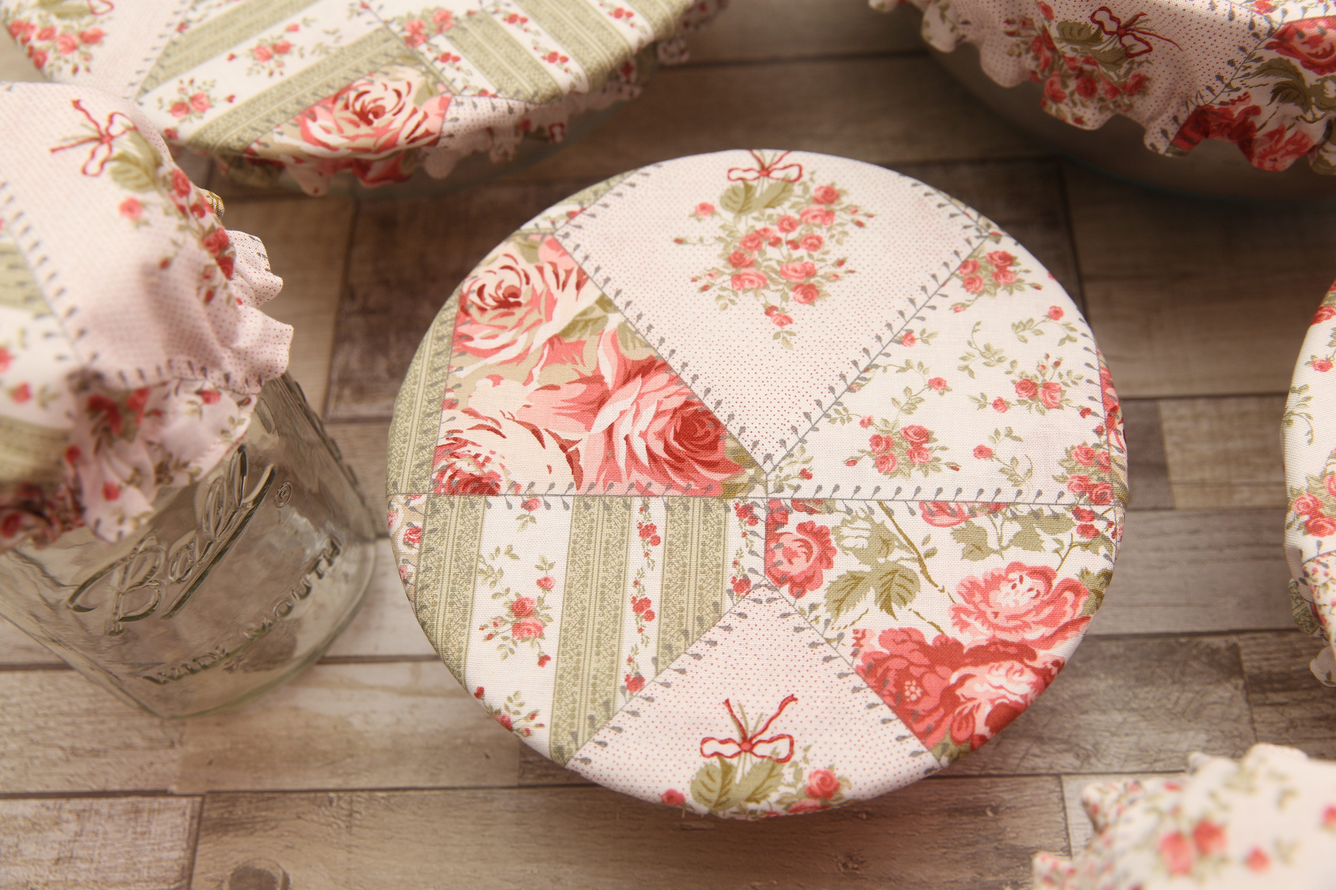 NON-PROP (Quilted Roses) Bowl, Jar, Cup, Plate COVERS; Hot Pad; Jar Opener; Quilted Roses; MADE TO ORDER