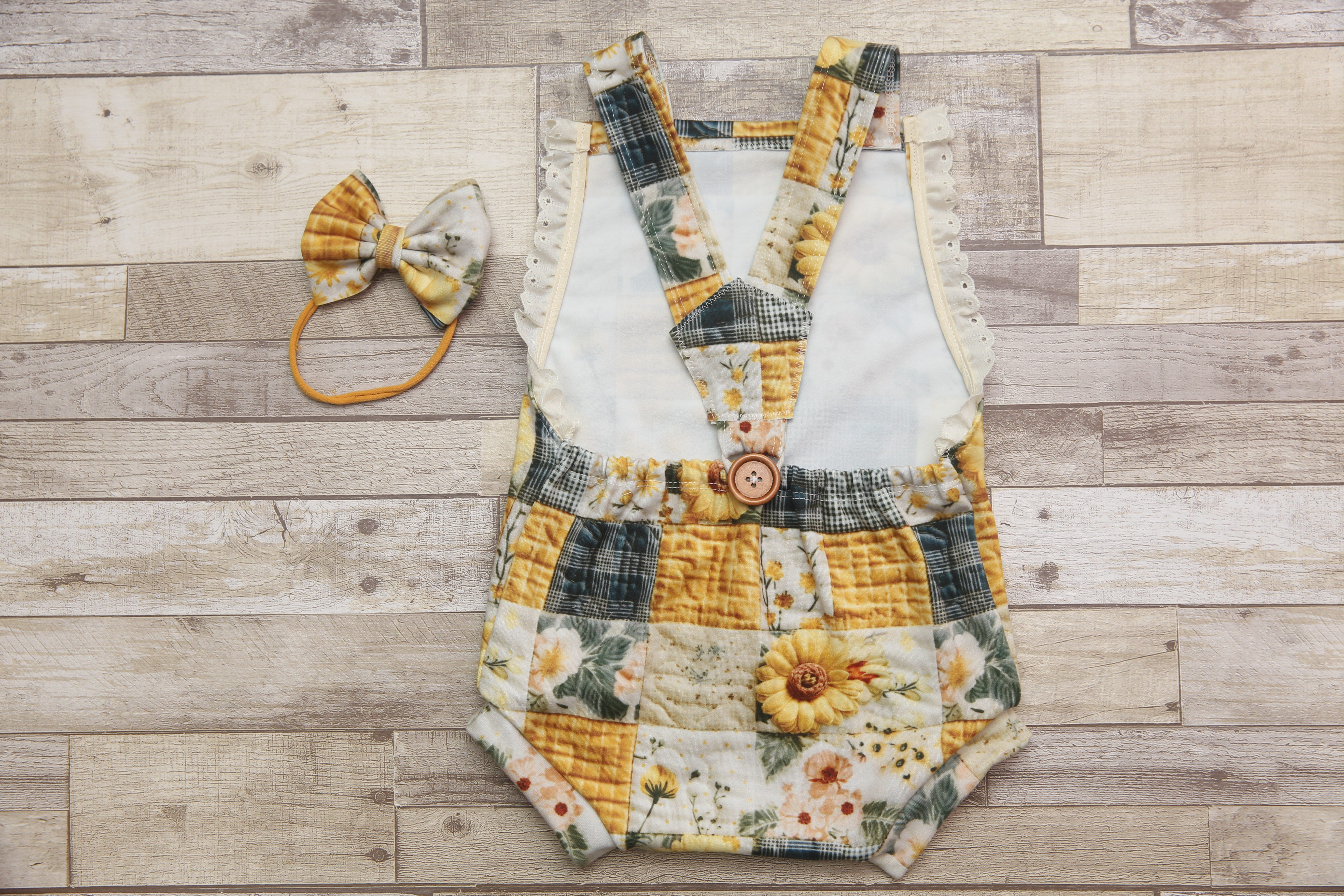 "Quilted" Graham Suspenders-Sitter Size- Sunflowers- MADE TO ORDER