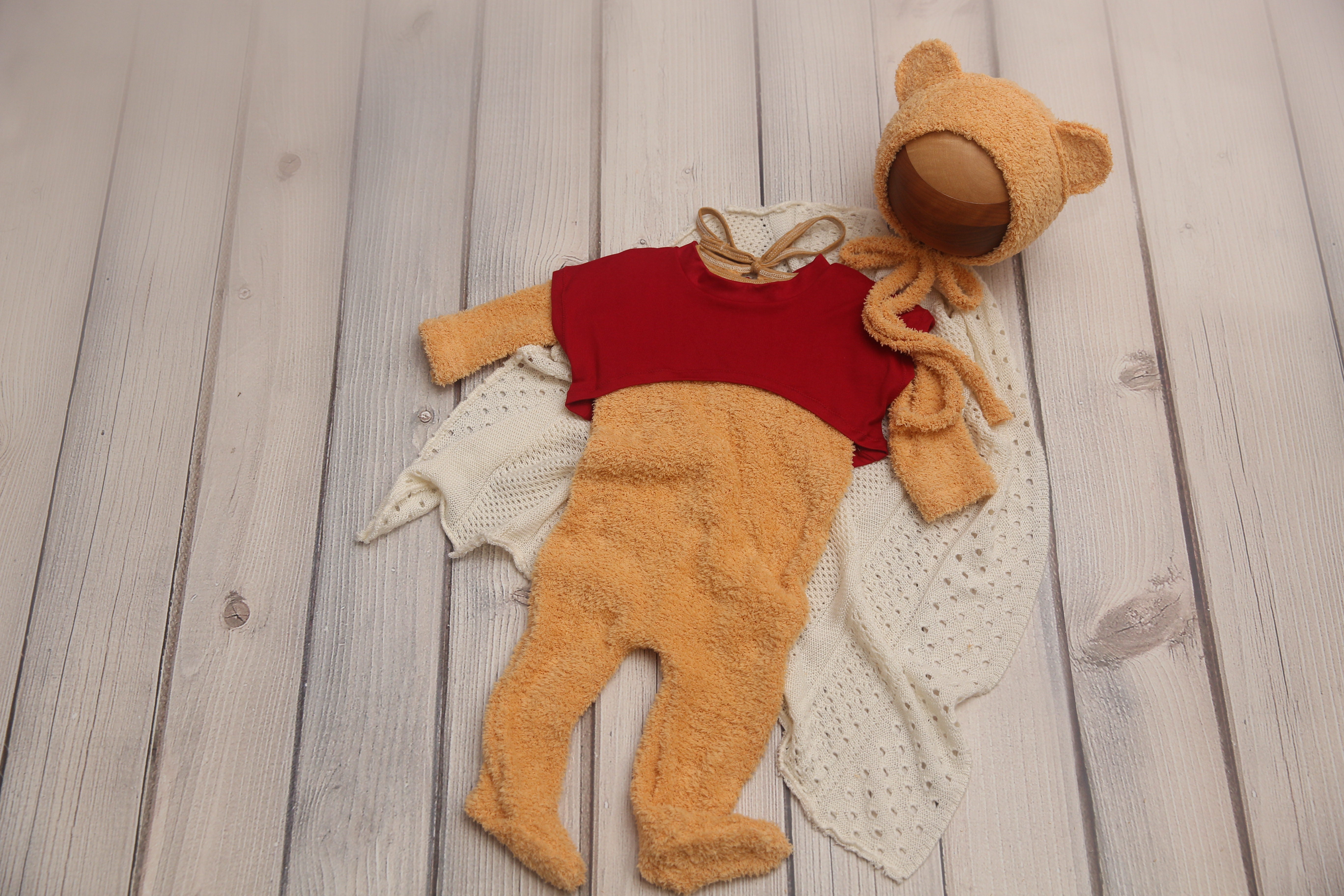 Koen Teddy Bear Footie Jammies- Winnie Bear- Sitter (Newborn & 6-9m)- MADE TO ORDER