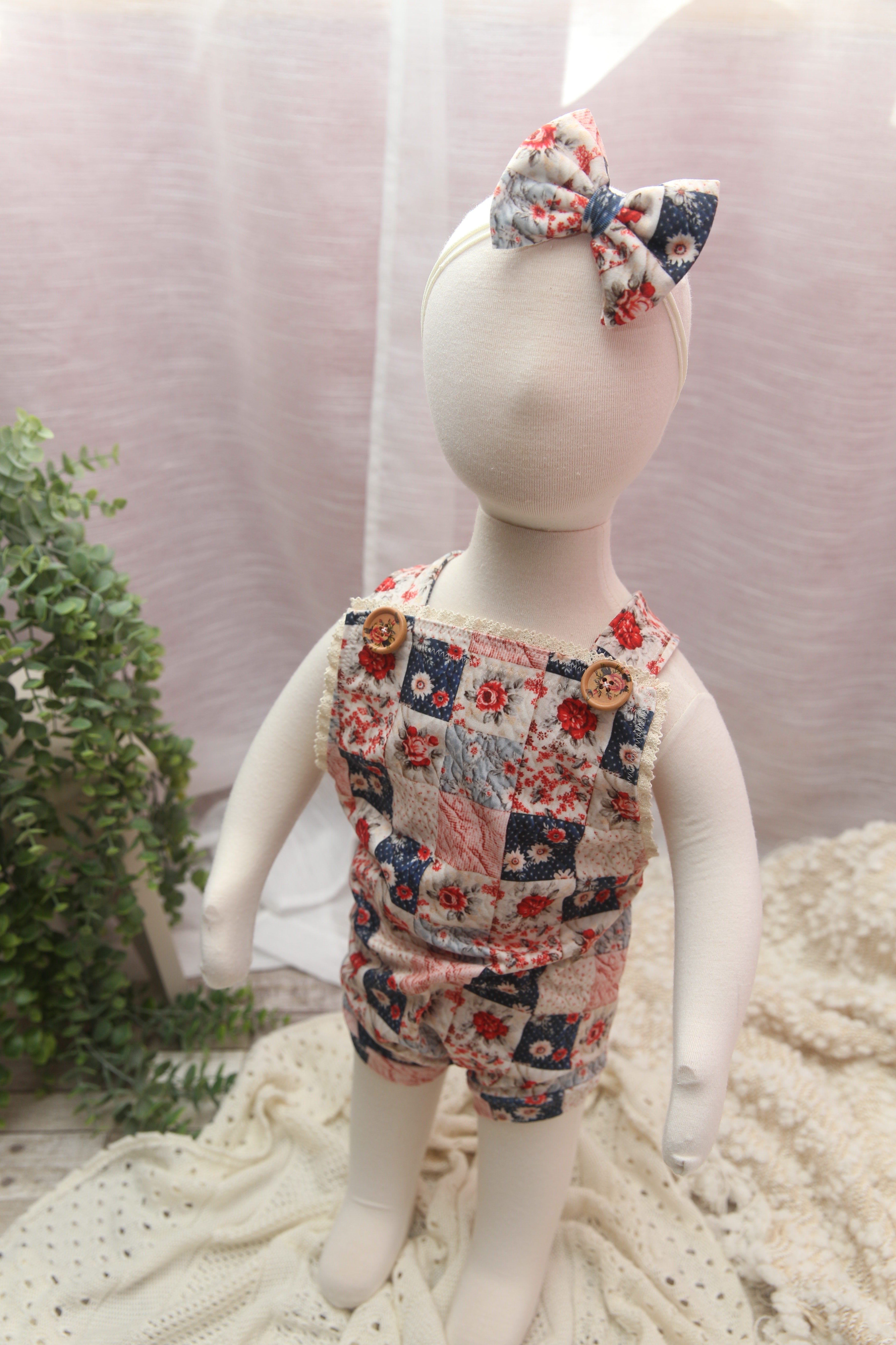"Quilted" Graham Suspenders-Sitter Size- Polka Dot Rose- MADE TO ORDER