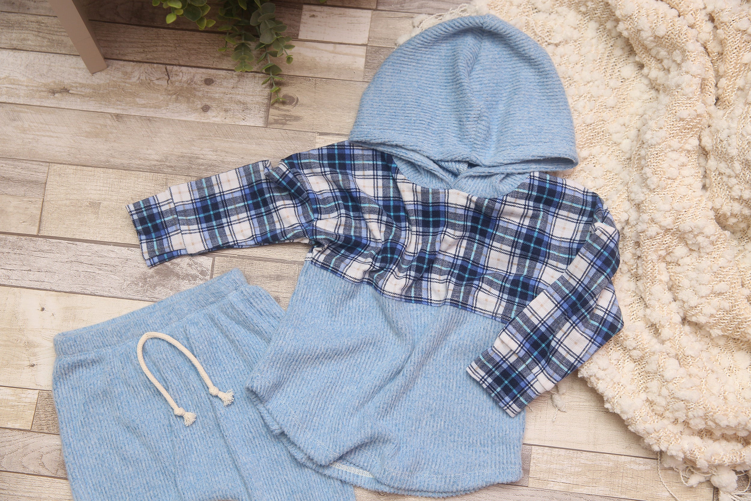 Emmett Shirt & Pants-9-12 Month- Upcycled Blue Plaid- READY TO SHIP