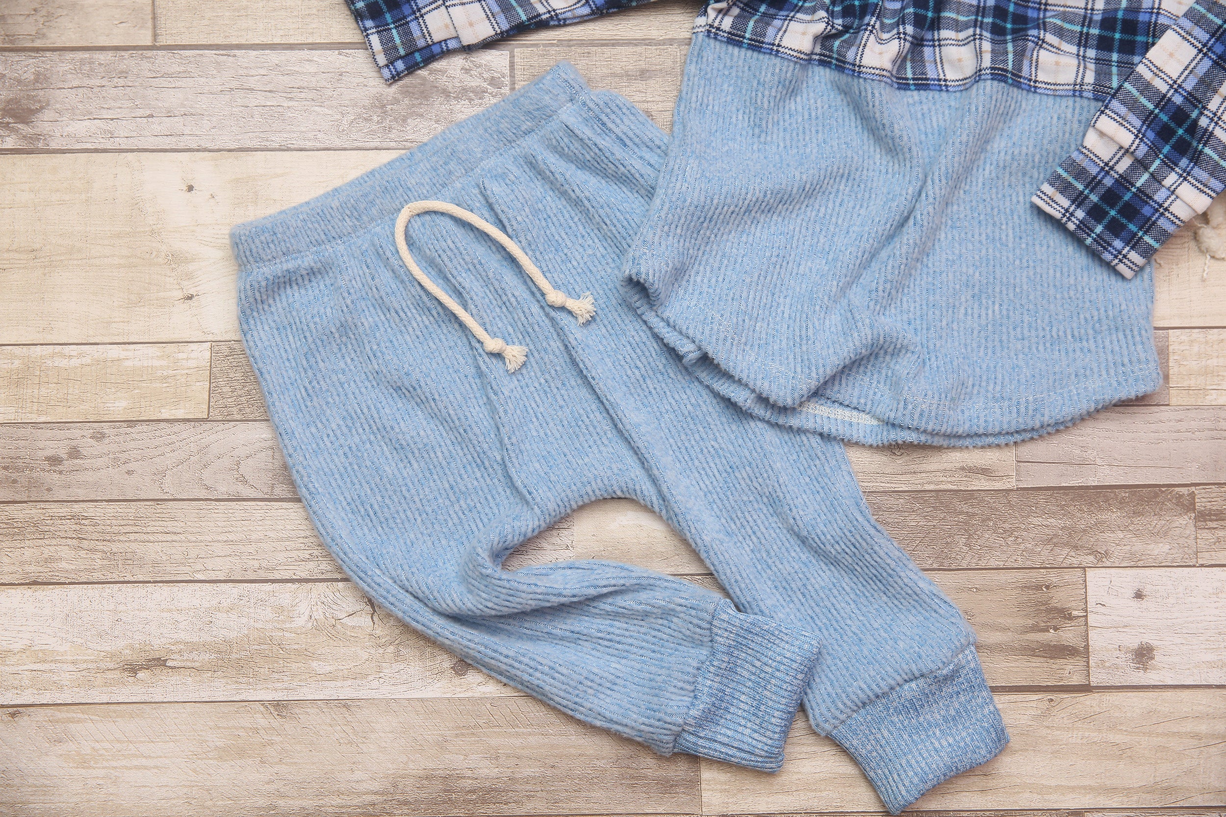 Emmett Shirt & Pants-9-12 Month- Upcycled Blue Plaid- READY TO SHIP
