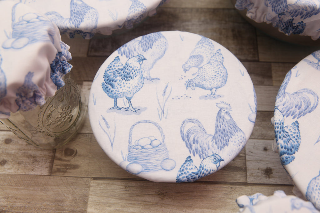 NON-PROP (Blue Chickens) Bowl, Jar, Cup, Plate COVERS; Hot Pad; Jar Opener; Blue Chickens; MADE TO ORDER