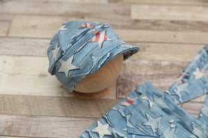 Newborn Boy Cap and/or Suspenders- Ripped Denim Stars and Stripes- MADE TO ORDER