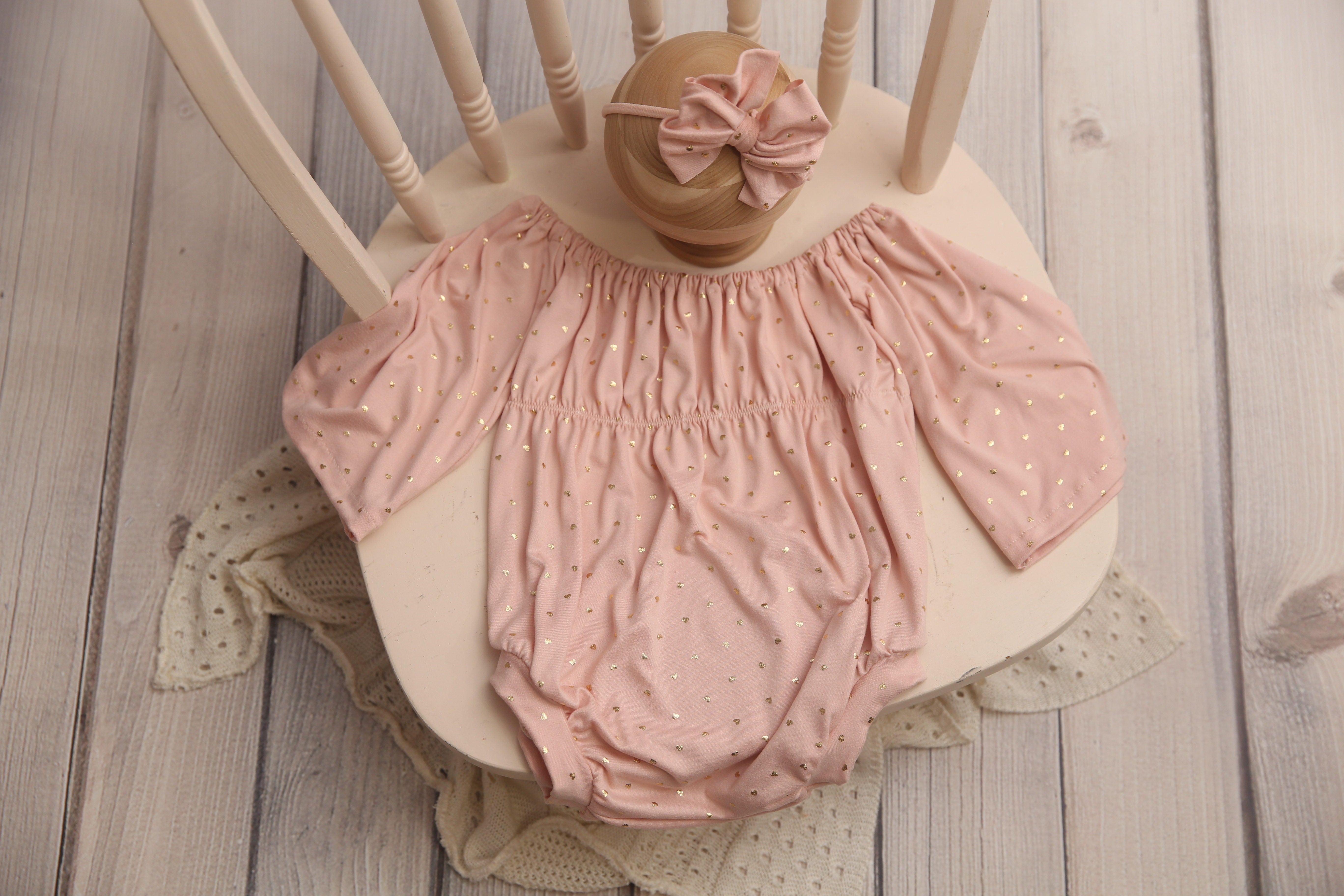 Bellami Romper; 0-3 month- 18/24 Month; Soft Pink with Golden Hearts; Cakesmash- MADE TO ORDER