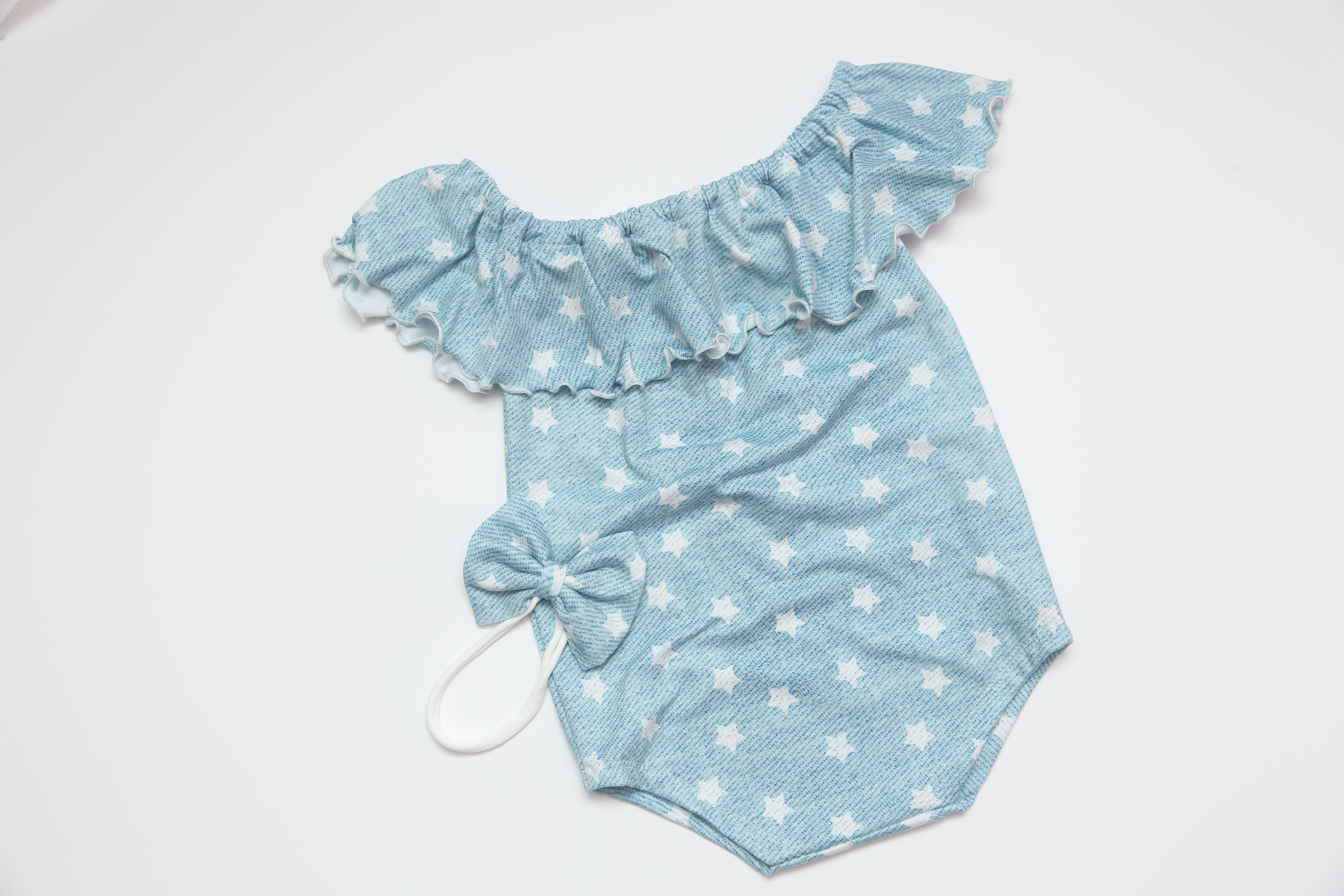 Anisa- Newborn or Sitter Flutter Romper; Newborn Romper; Sitter Romper; Denim Stars; READY TO SHIP