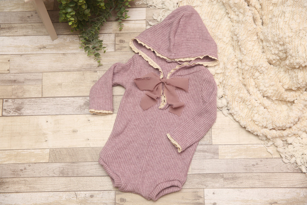 Rylie- Newborn/Sitter Girl Hooded- Dusty Plum Sweater Romper- Made to Order