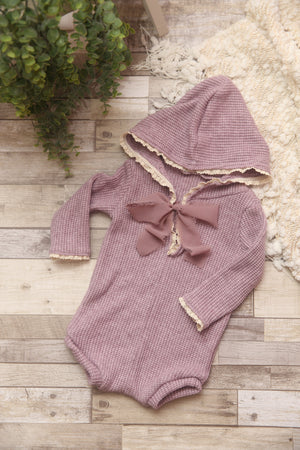 Rylie- Newborn/Sitter Girl Hooded- Dusty Plum Sweater Romper- Made to Order