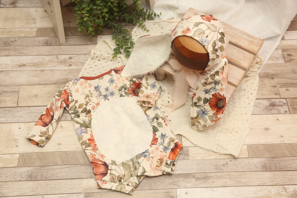 Newborn or Sitter Floral Bunny Bunnies Bonnet and/or Romper- Summer Bloom Floral- Made to order