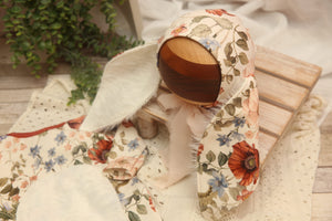Newborn or Sitter Floral Bunny Bunnies Bonnet and/or Romper- Summer Bloom Floral- Made to order