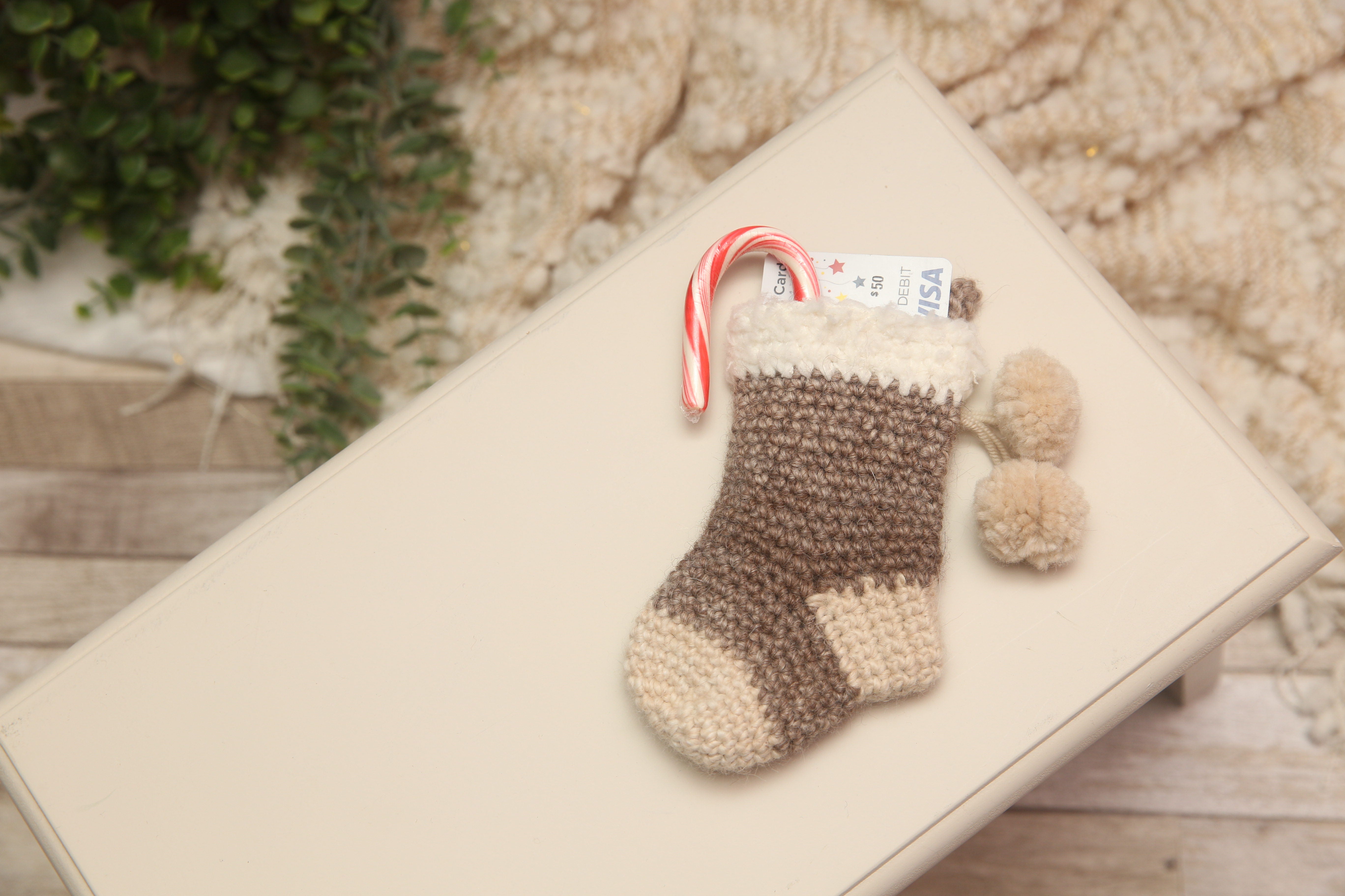NON-PROP; Tiny Gift Card Stockings; Brown & Fuzzy Cuff; Ready to Ship