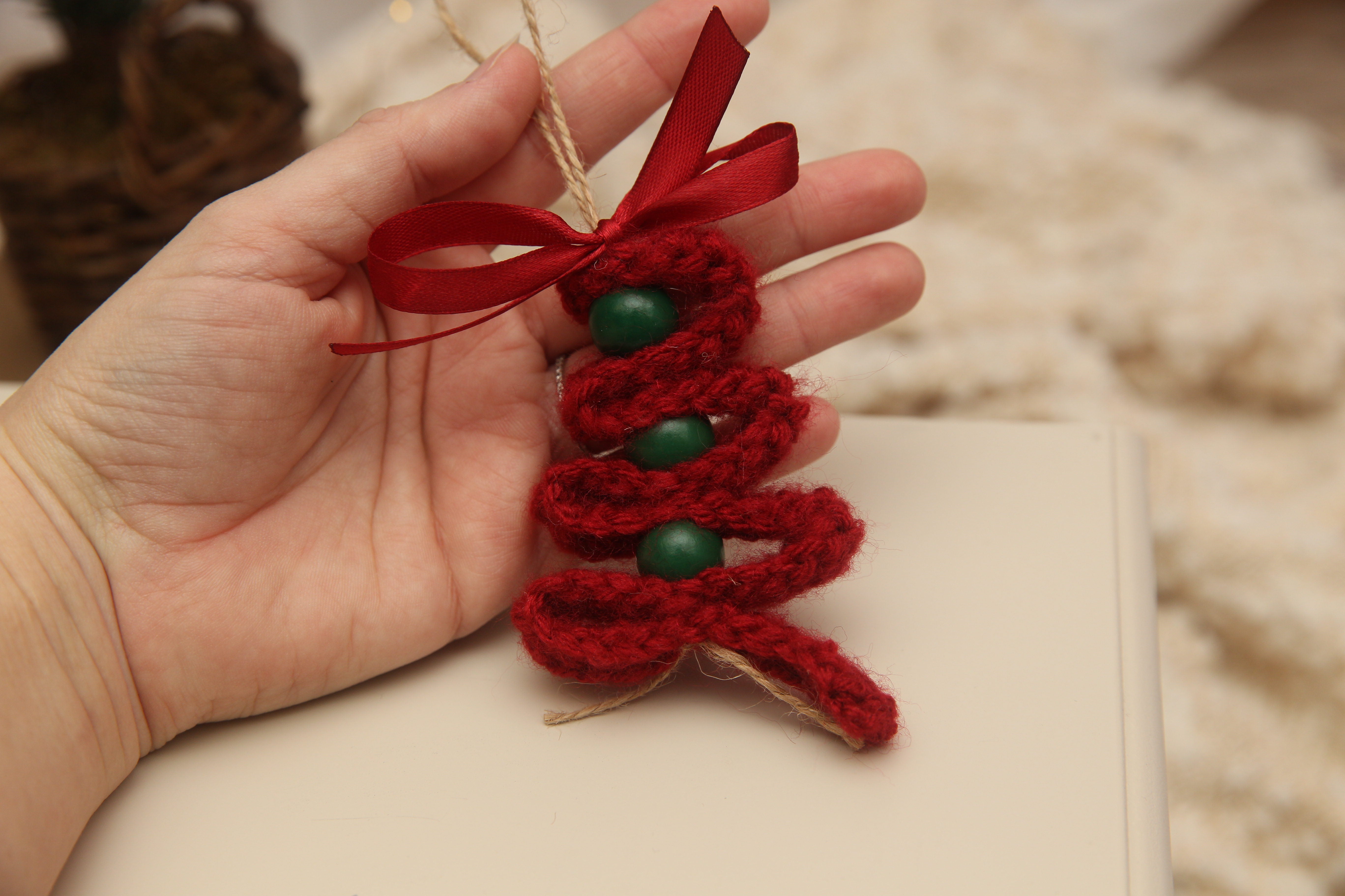 NON-PROP; Christmas Ornaments; Bead Trees; Red with Green Beads; Ready to Ship