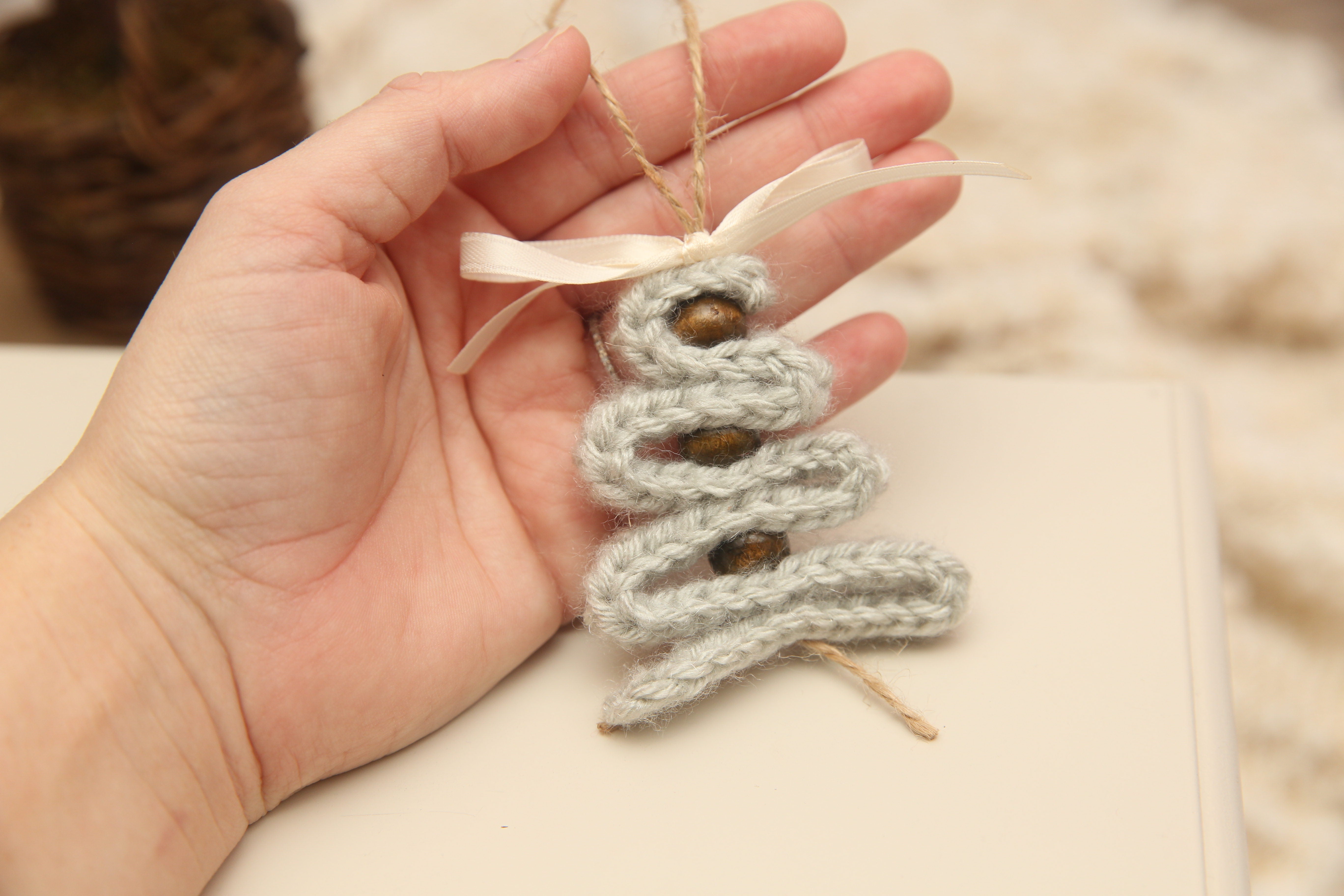 NON-PROP; Christmas Ornaments; Bead Trees; Light Grey with Wood Beads; Ready to Ship