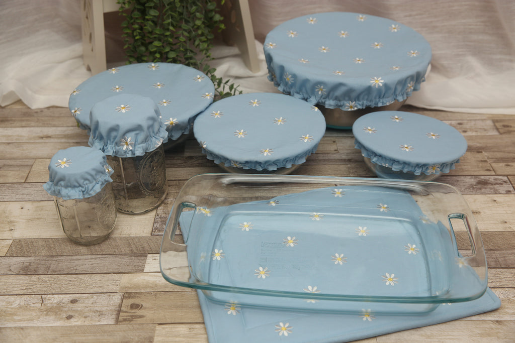 NON-PROP (Blue Daisies) Bowl, Jar, Cup, Plate COVERS; Hot Pad; Jar Opener; Blue Daisies; MADE TO ORDER