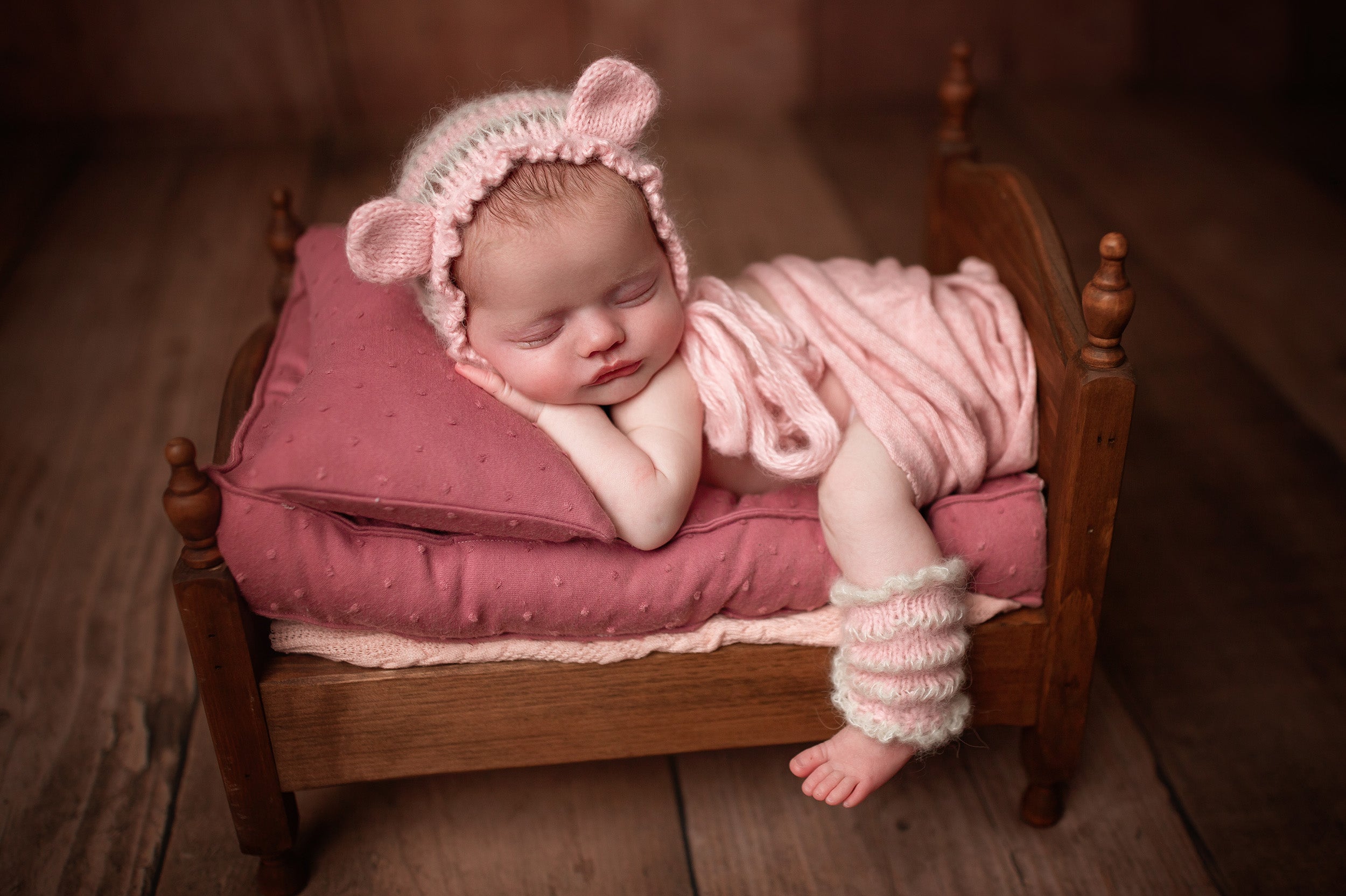 Knit Newborn Bear Bonnet and Leg Warmers Set- Soft Pink Ruth- Made To Order