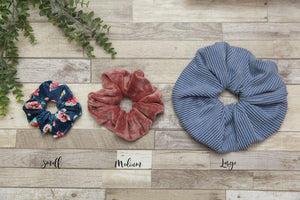 NON-PROP Scrunchie; Blue Floral Velvet Scrunchie, Hairtie, Pink Floral; Three Sizes; MADE TO ORDER