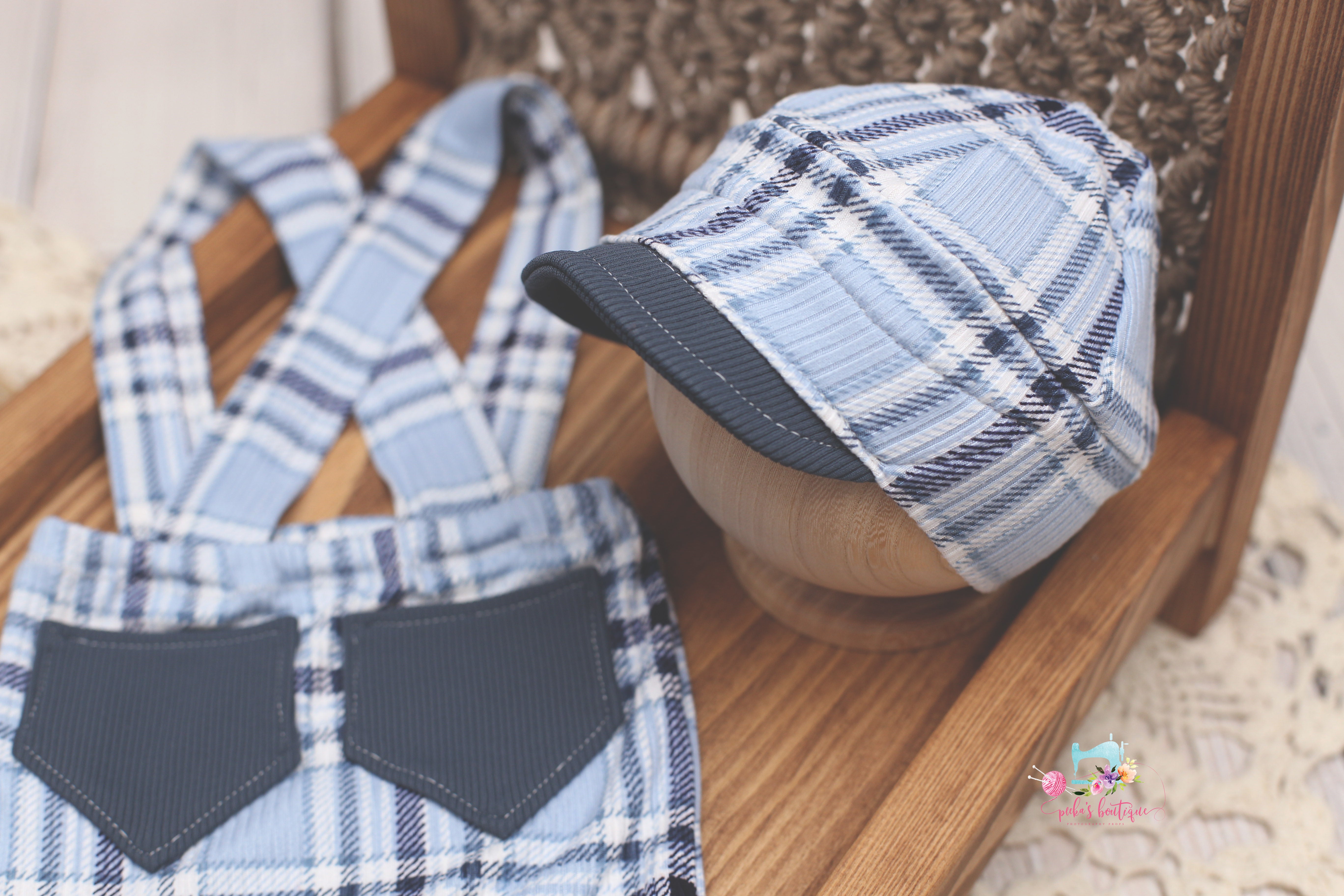 Newborn Boy Cap and/or Suspenders- Blue & Blue Plaid- MADE TO ORDER