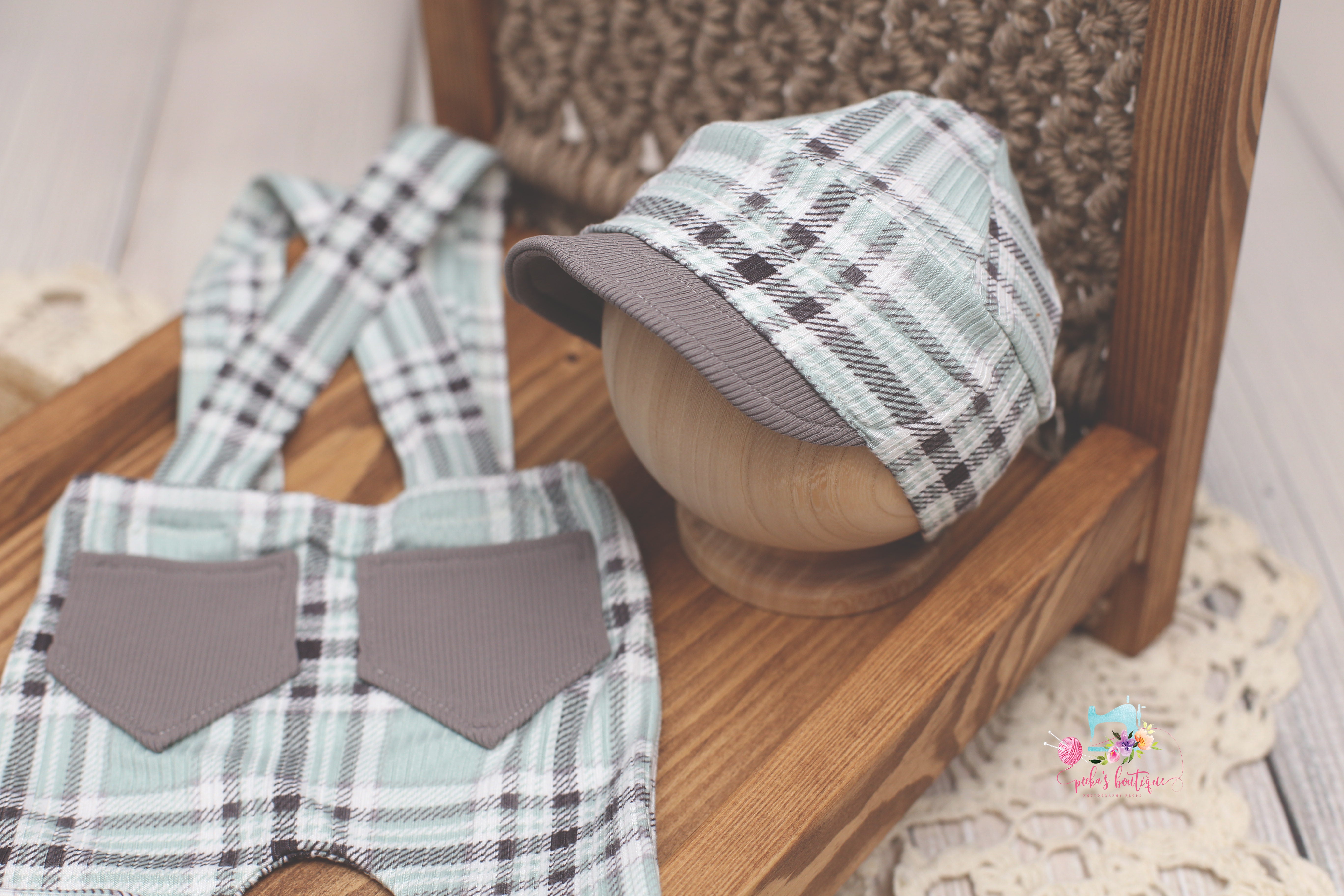 Newborn Boy Cap and/or Suspenders- Mint & Taupe Plaid- MADE TO ORDER
