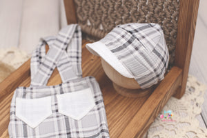 Newborn Boy Cap and/or Suspenders- Black & White Plaid- MADE TO ORDER
