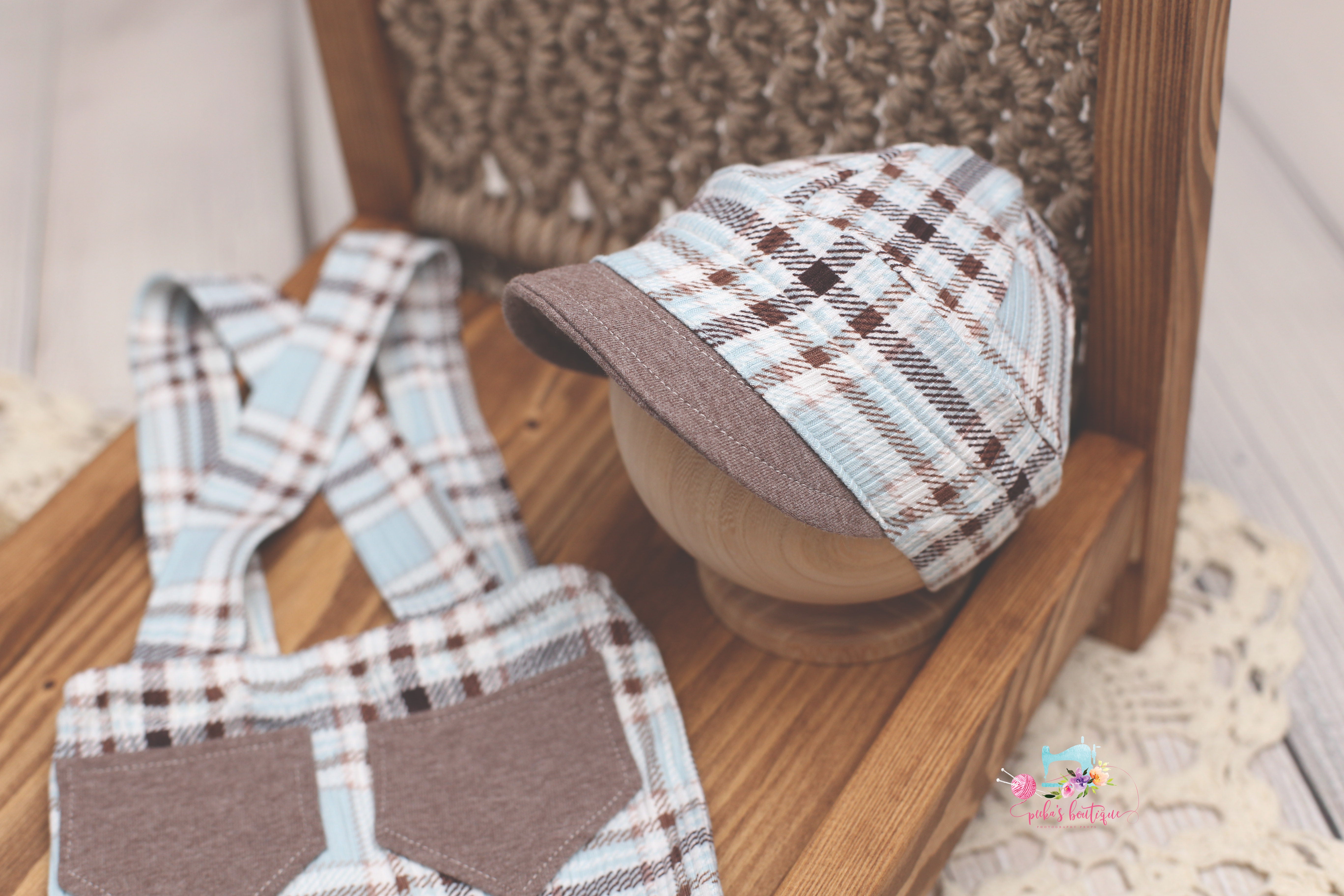 Newborn Boy Cap and/or Suspenders- Sky Blue and Brown Plaid- MADE TO ORDER