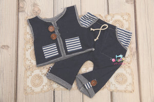 Newborn or Sitter (6-9 month) Vest & Pants Set- Speckled Blue w/stripes- MADE TO ORDER