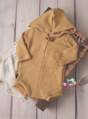 Ryan- Newborn/Sitter Boy Hooded Mustard Sweater Romper- Made to Order