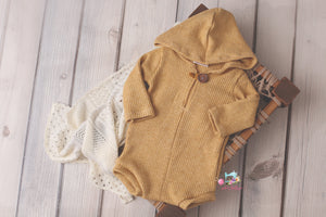 Ryan- Newborn/Sitter Boy Hooded Mustard Sweater Romper- Made to Order