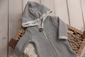 Ryan- Newborn/Sitter Boy Hooded Grey Striped Romper- Made to Order