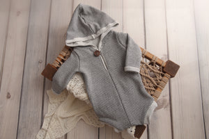 Ryan- Newborn/Sitter Boy Hooded Grey Striped Romper- Made to Order