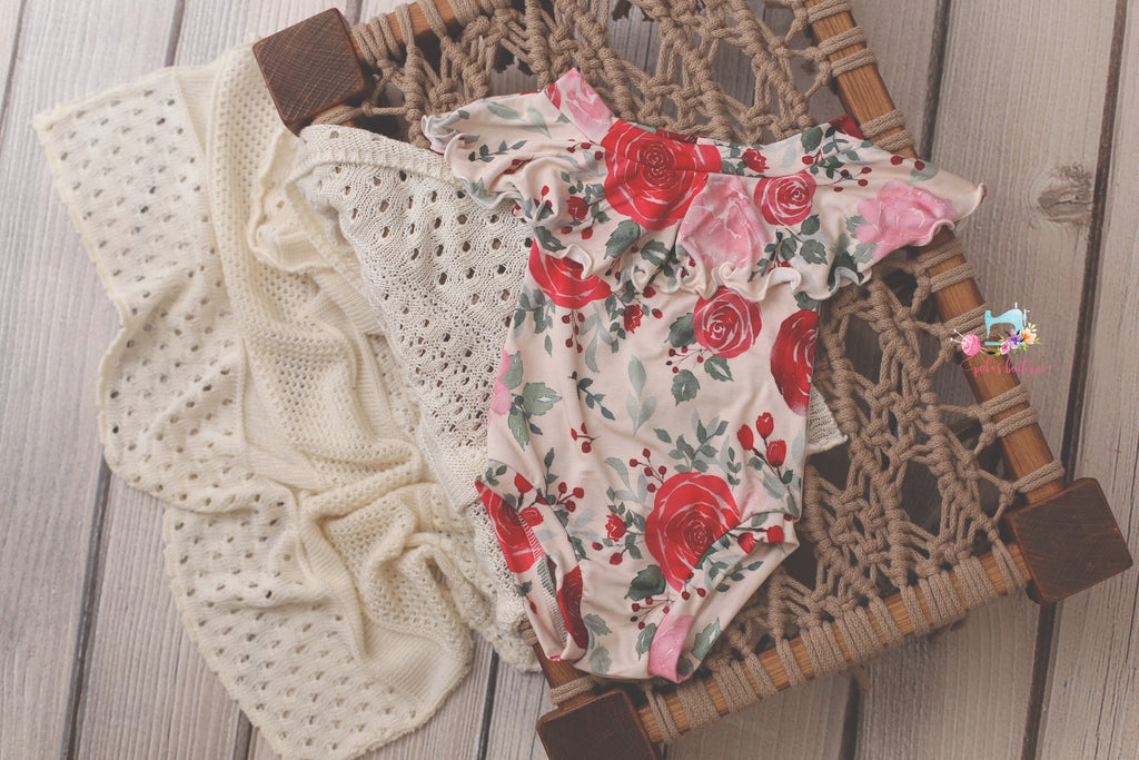 Christmas Lilly Romper; 9-12 Month; Festive Roses; READY TO SHIP