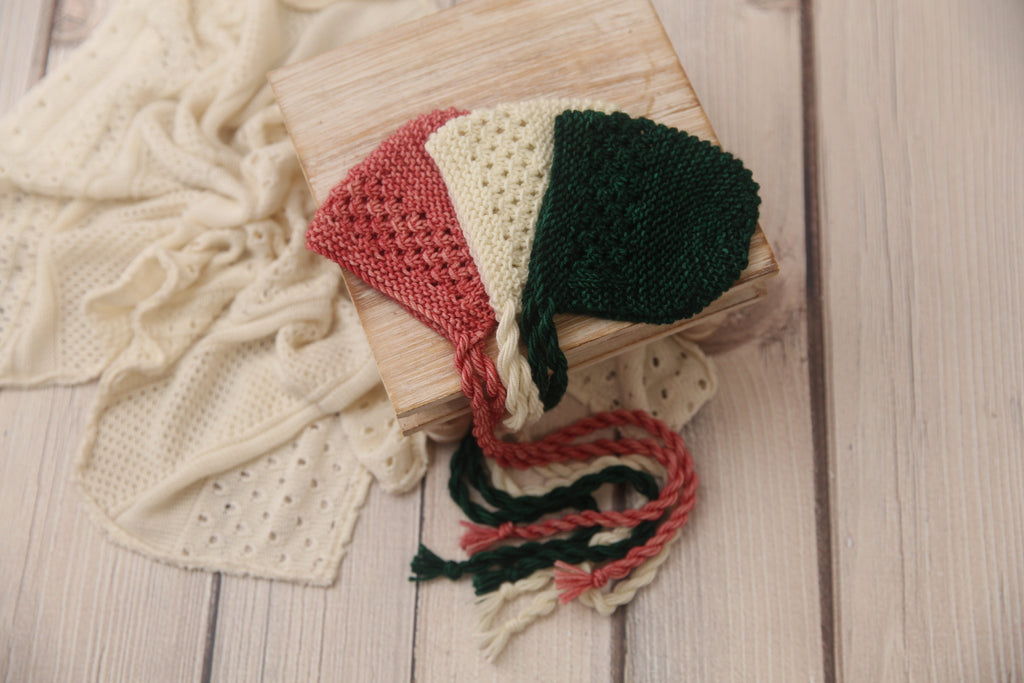 Knit Newborn Bonnet- DK Christmas Sara- Made to Order