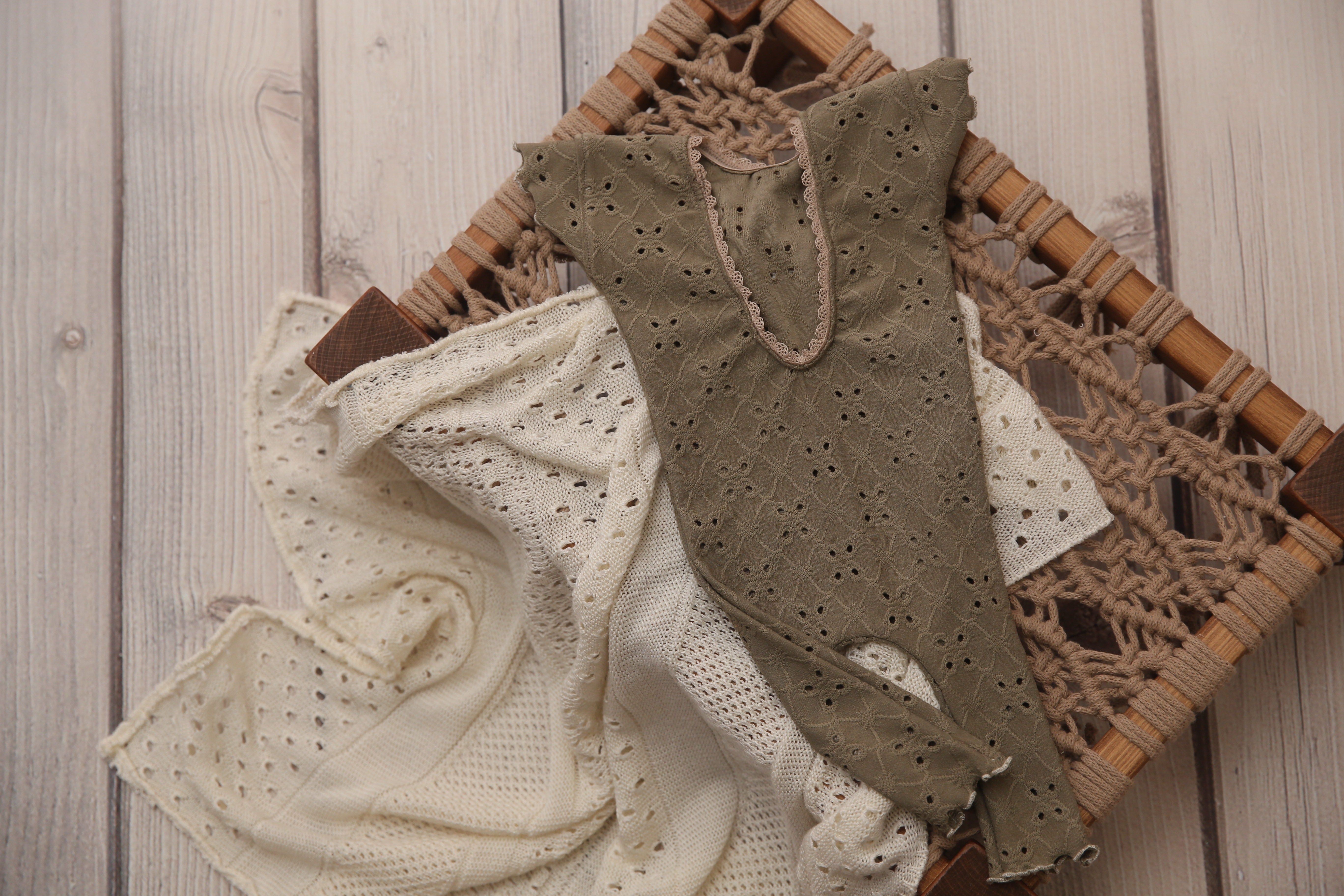 Newborn Madelyn Romper- Rainbow Eyelet- Olive- MADE TO ORDER