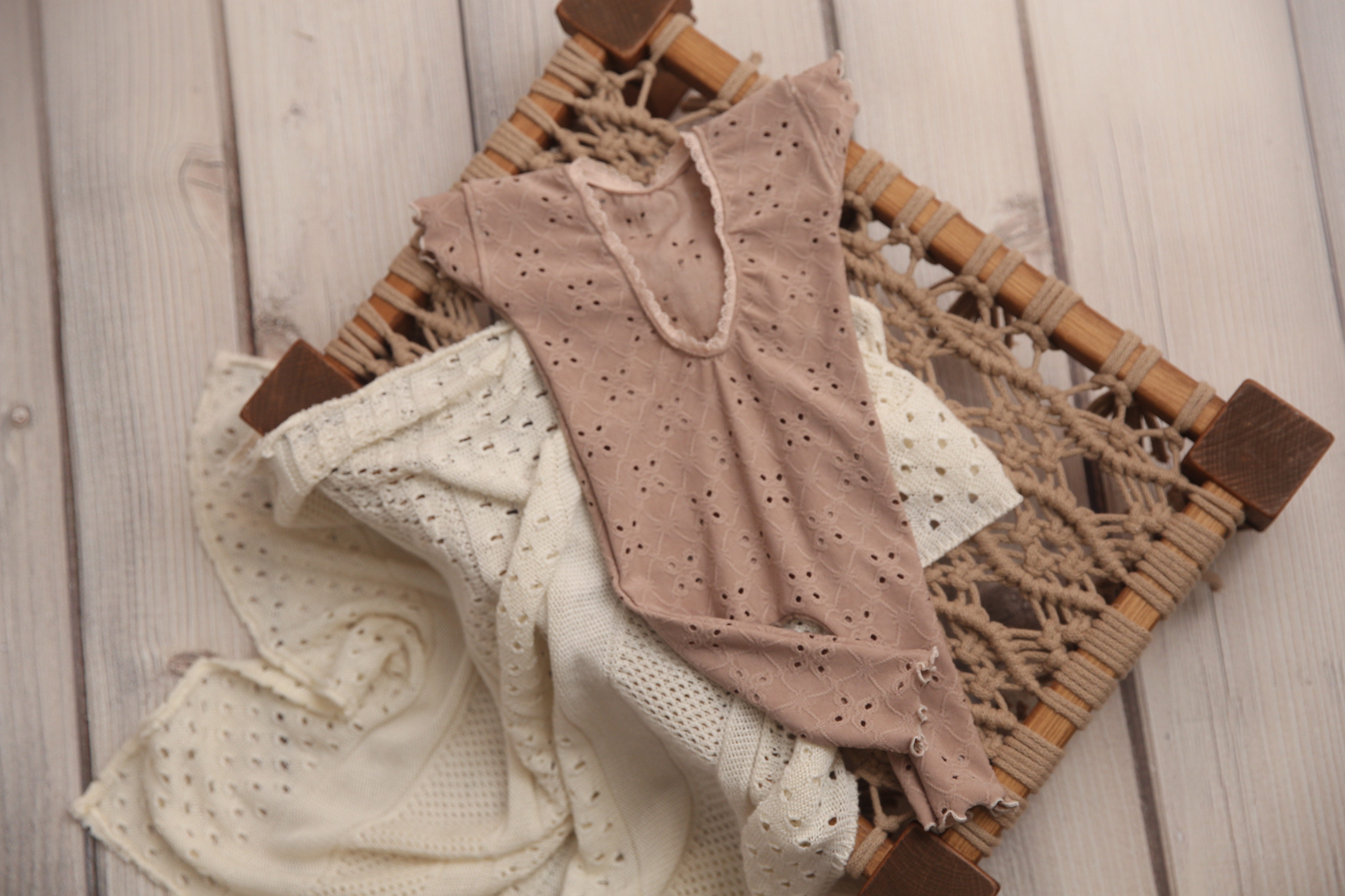 Newborn Madelyn Romper- Rainbow Eyelet- Taupe- MADE TO ORDER
