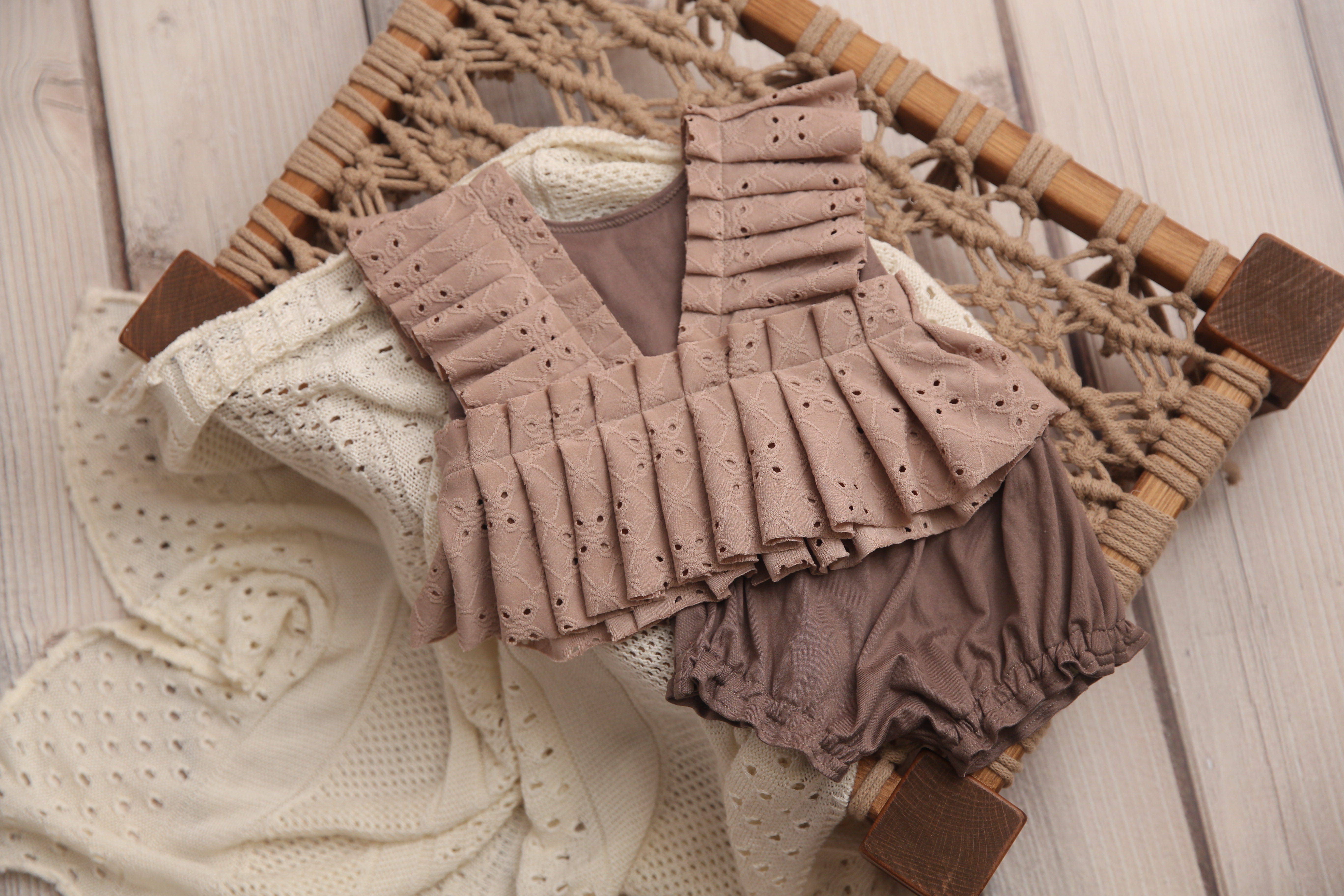Kinsley Newborn or Sitter (6-12 OR 12-18 Month) Rainbow- Taupe Outfit- MADE TO ORDER