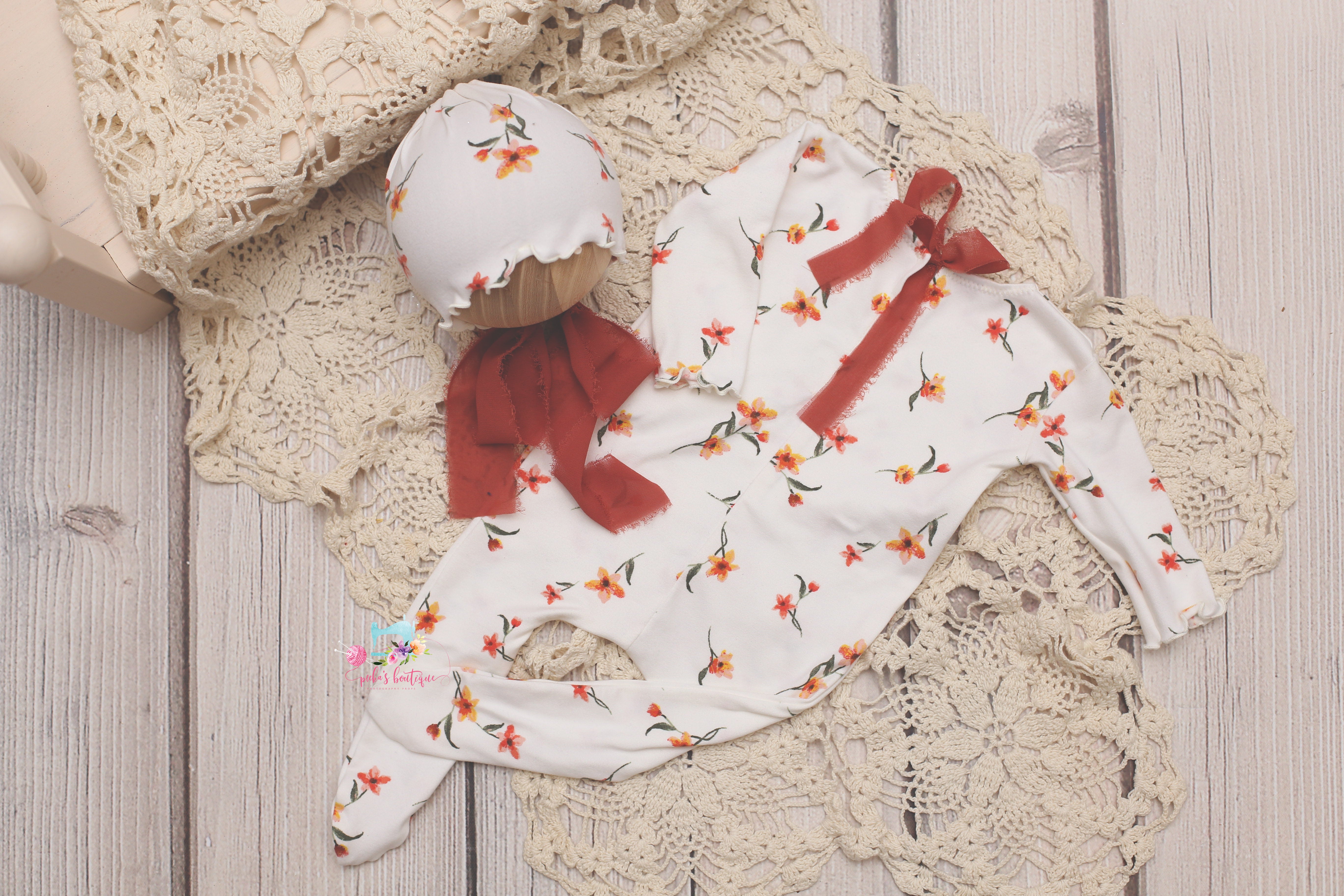 Newborn Girl Footie Jammies and/or Bonnet- Dainty Fall Floral- Made to Order