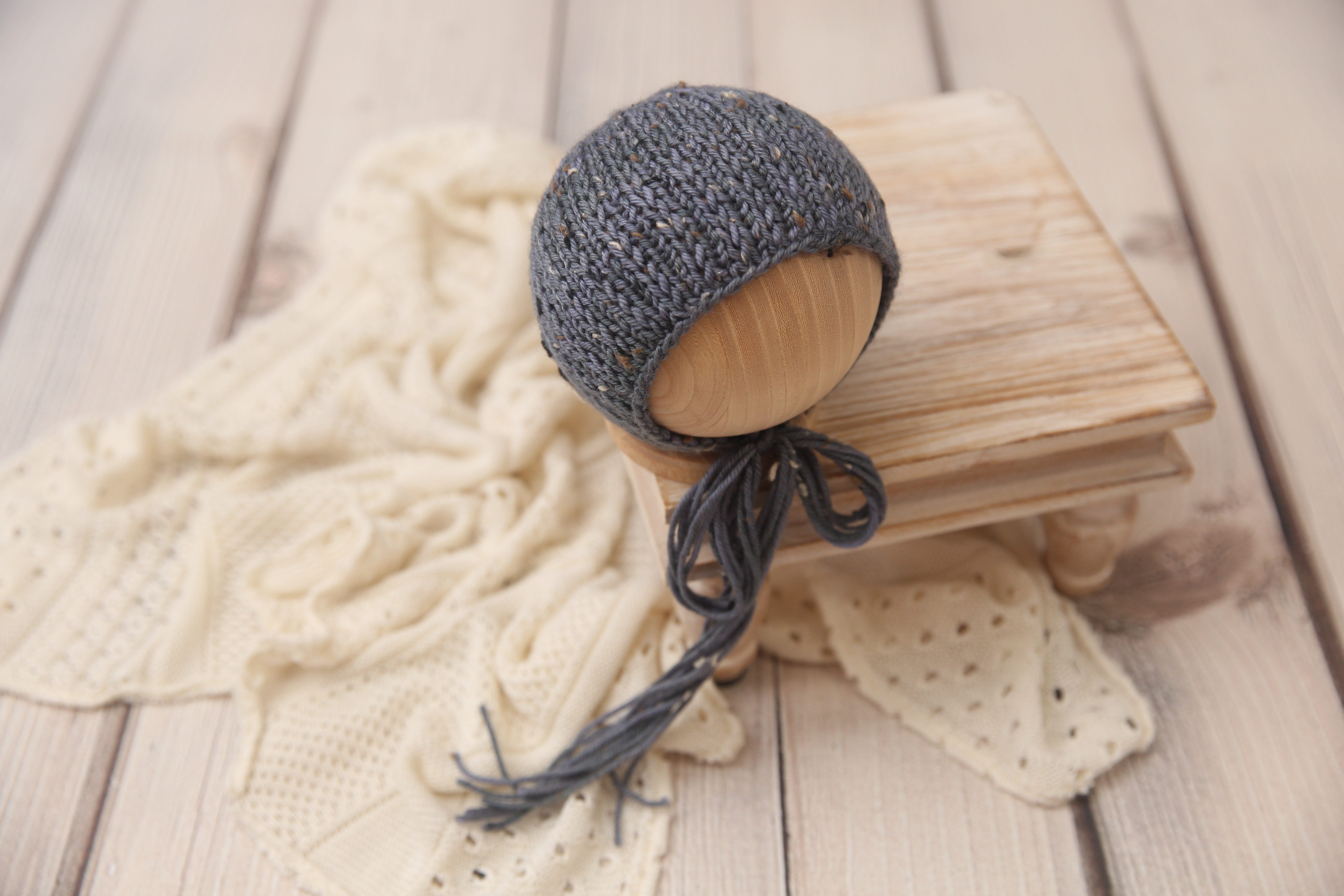 Knit Newborn Bonnet- Freckled Blue Thomas- Ready to Ship