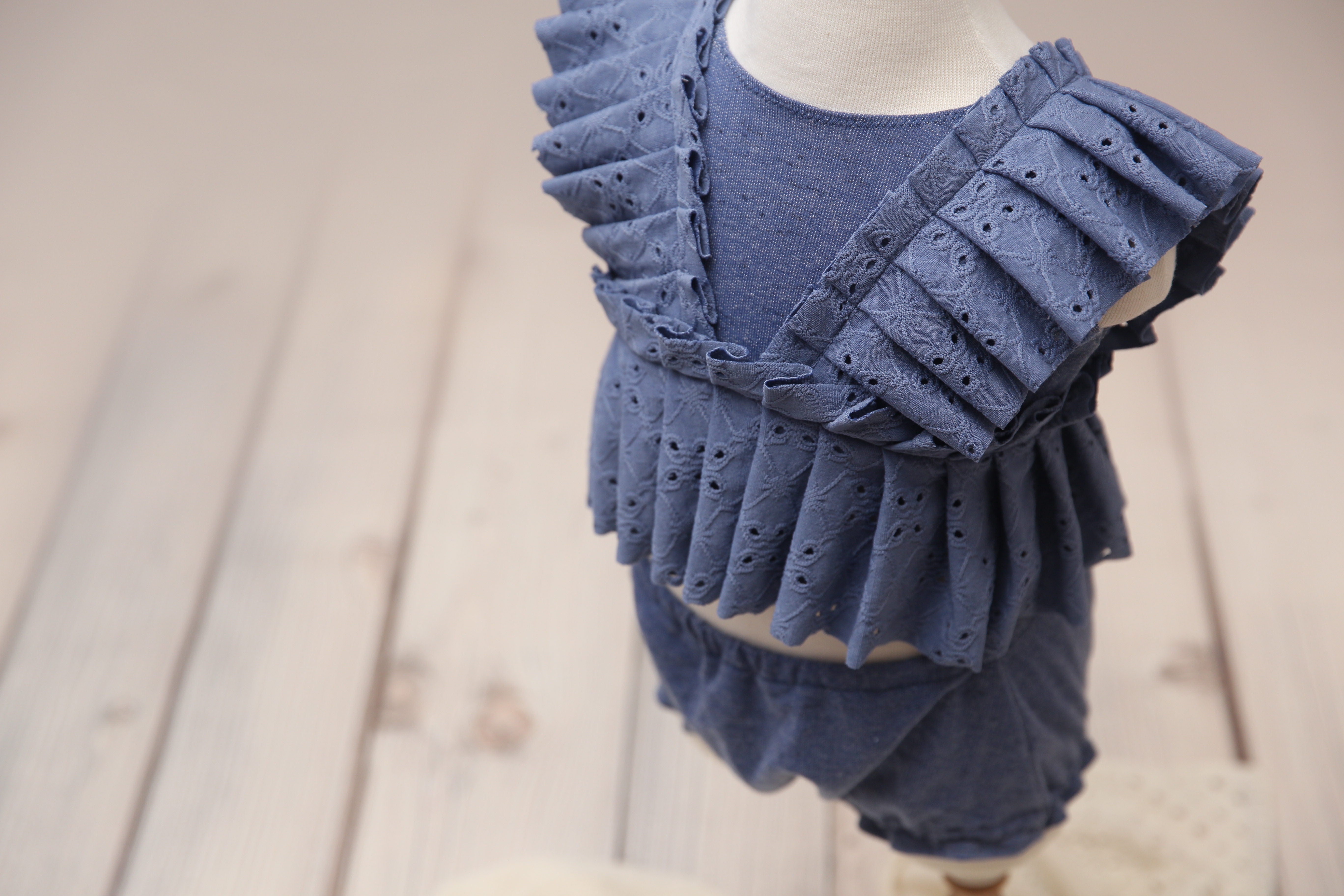 Kinsley Newborn or Sitter (6-12 OR 12-18 Month) Rainbow- Denim Blue Outfit- MADE TO ORDER