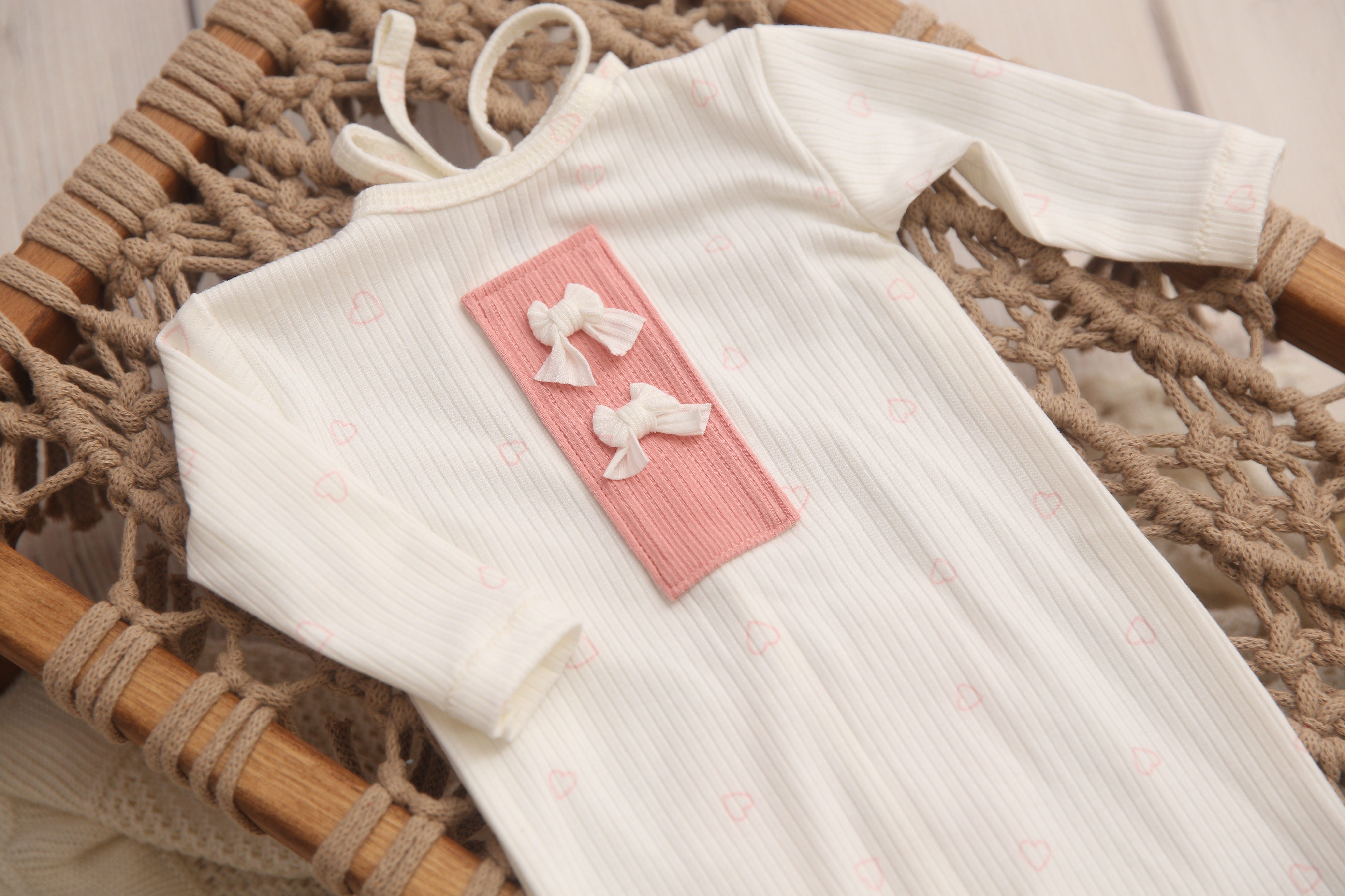 Newborn Girl Footie Jammies- White Valentine Hearts- Made to Order