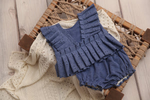Kinsley Newborn or Sitter (6-12 OR 12-18 Month) Rainbow- Denim Blue Outfit- MADE TO ORDER